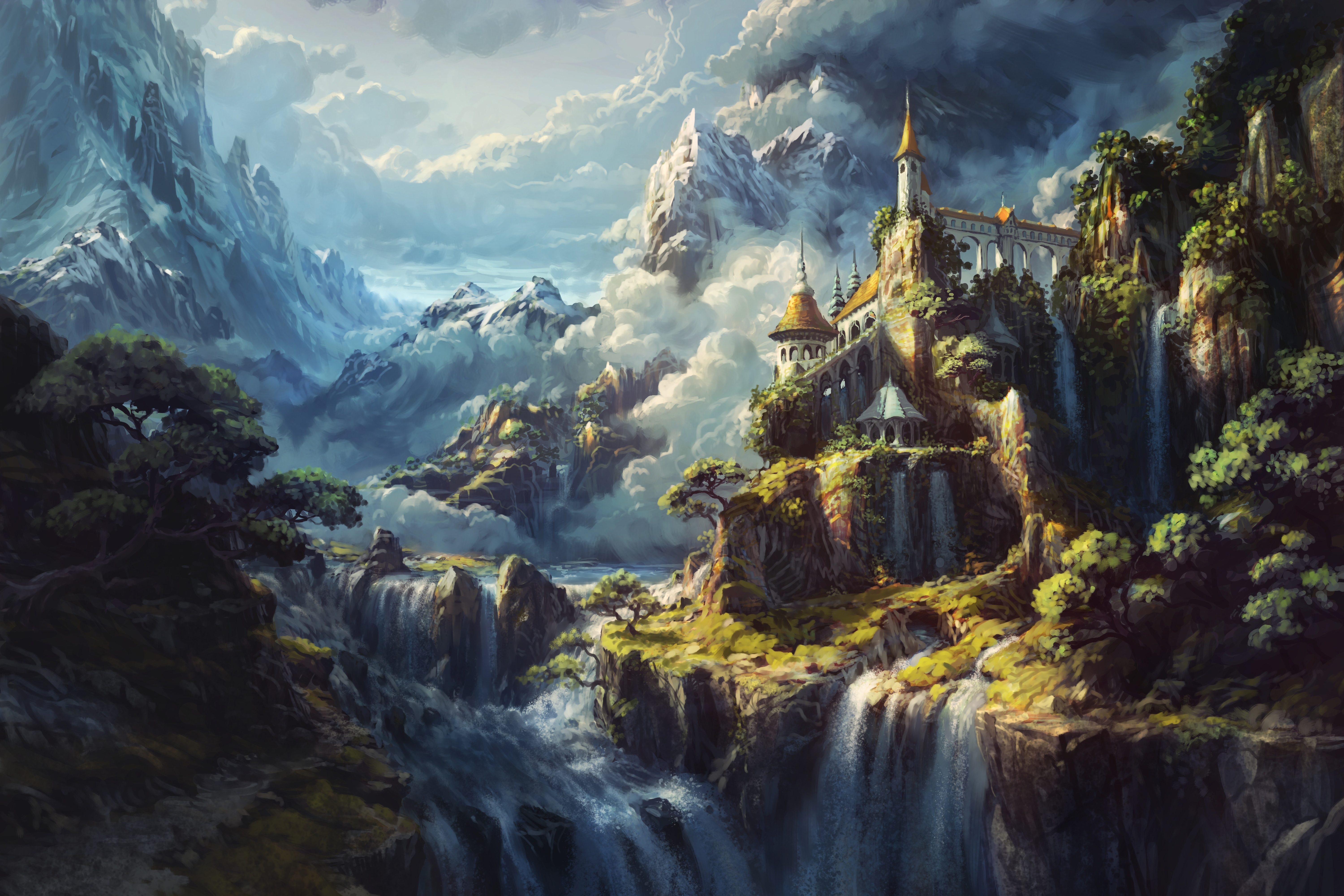 HD wallpaper, Surreal, Castle, Heaven, Waterfalls, Alps Mountains, Artwork, 5K