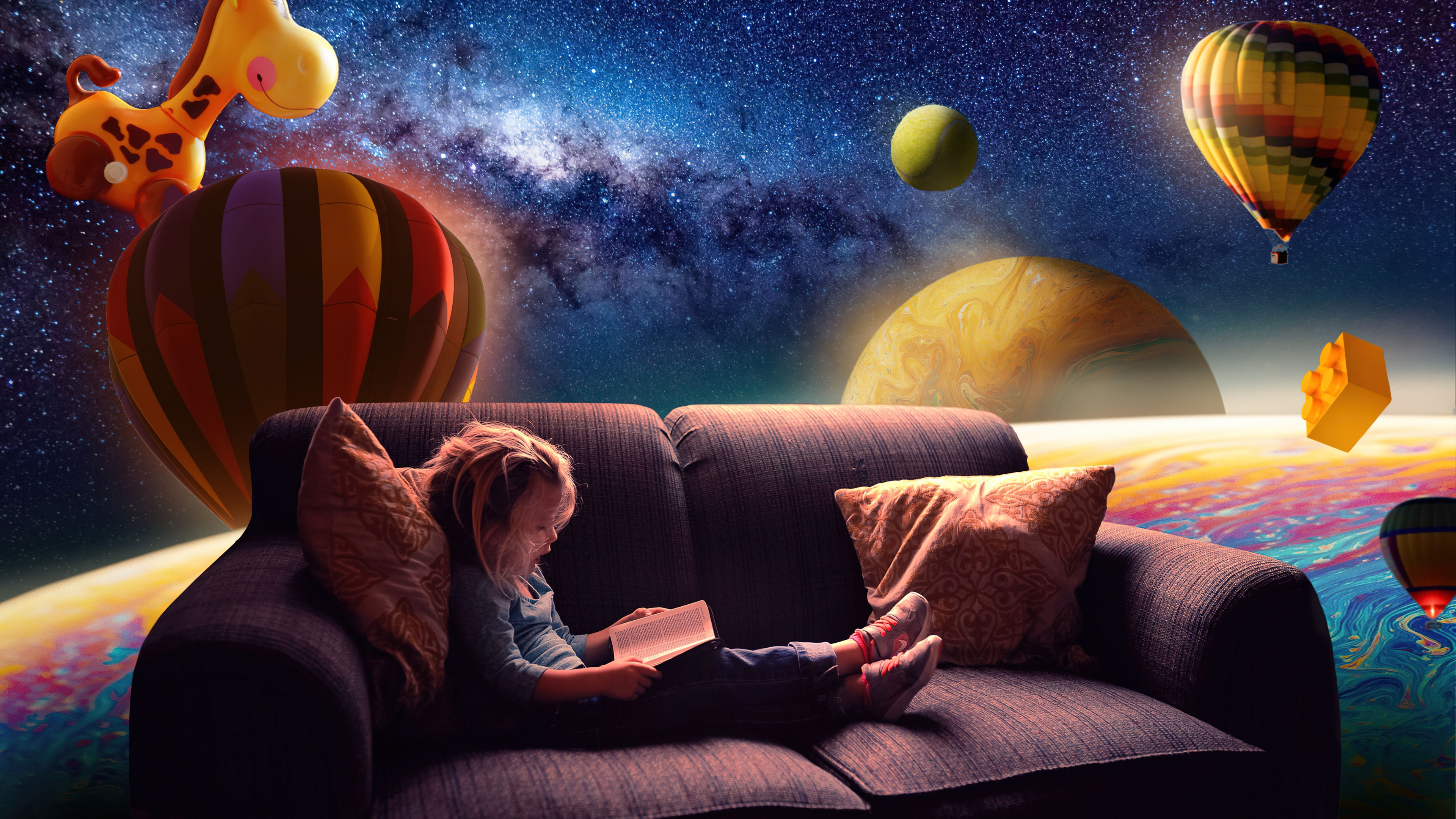 HD wallpaper, Couch, Outer Space, Hot Air Balloons, Floating, Dream, Surreal, Cute Girl, Reading Book