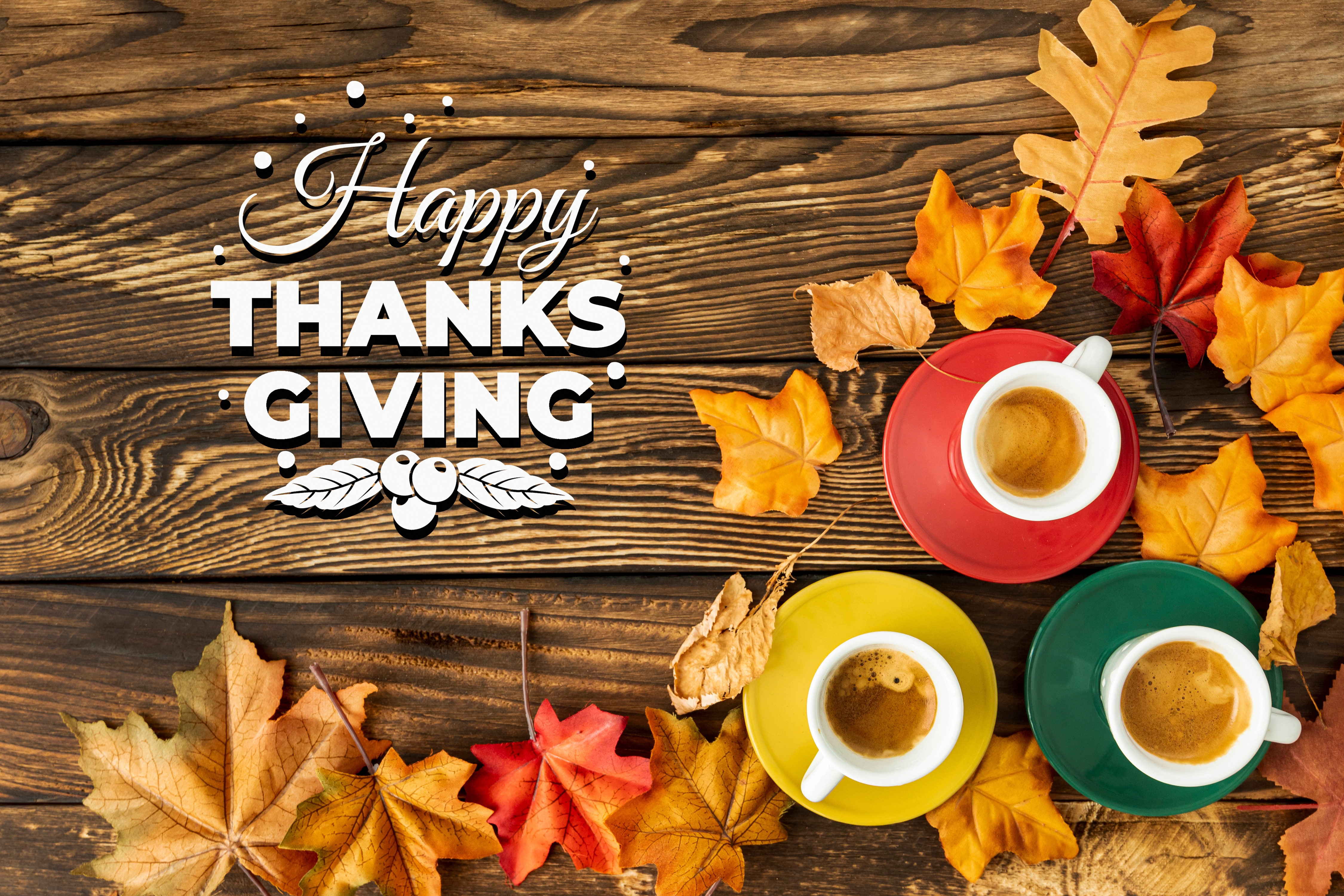 HD wallpaper, Happy Thanksgiving, Wooden Background, Coffee Cups, Thanksgiving Day, Wooden Floor, Autumn Leaves