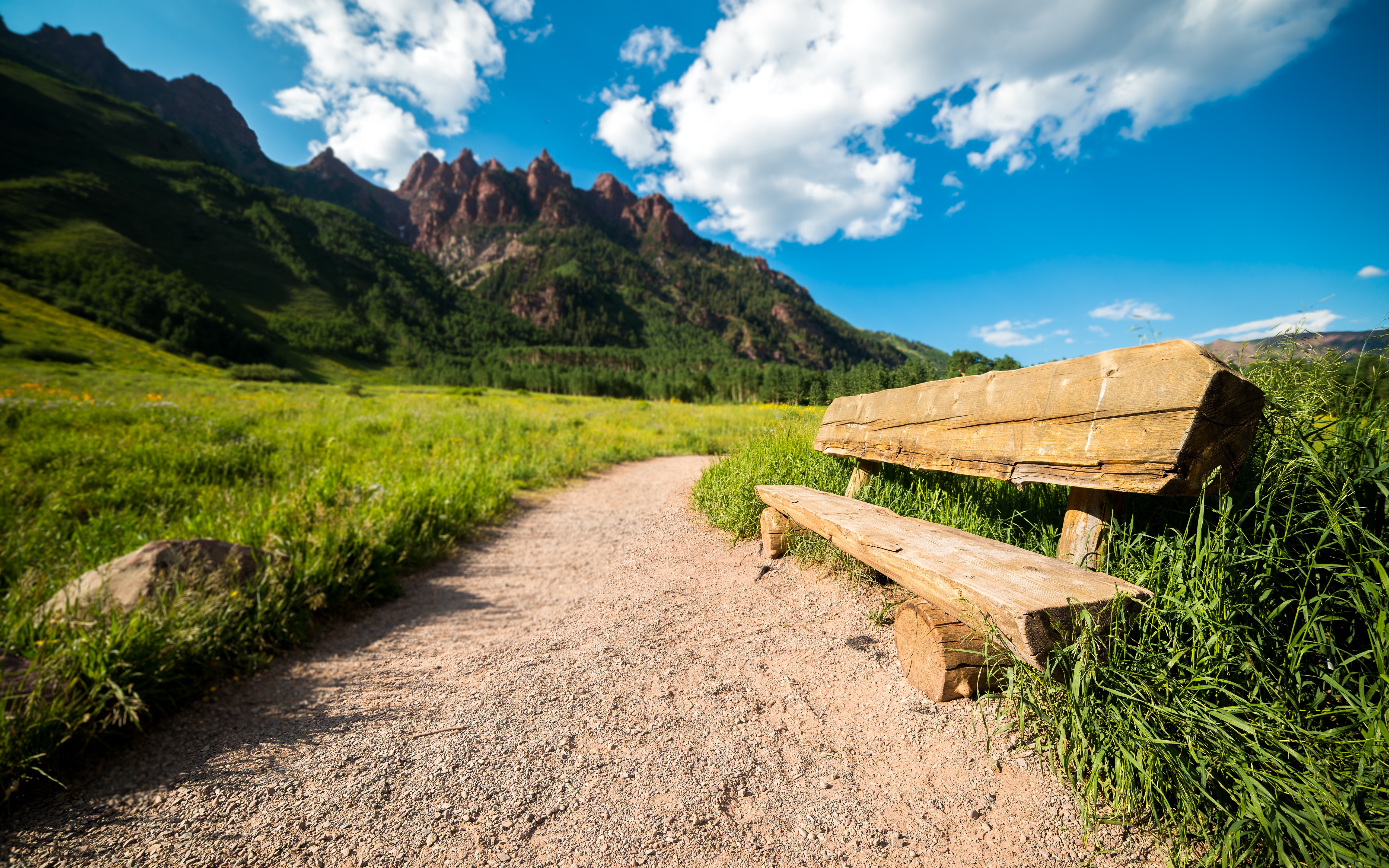 HD wallpaper, Clouds, Maroon Bells, Mountains, Pathway, 5K, Usa, Scenery, Blue Sky, Colorado, Green Grass, Park Bench