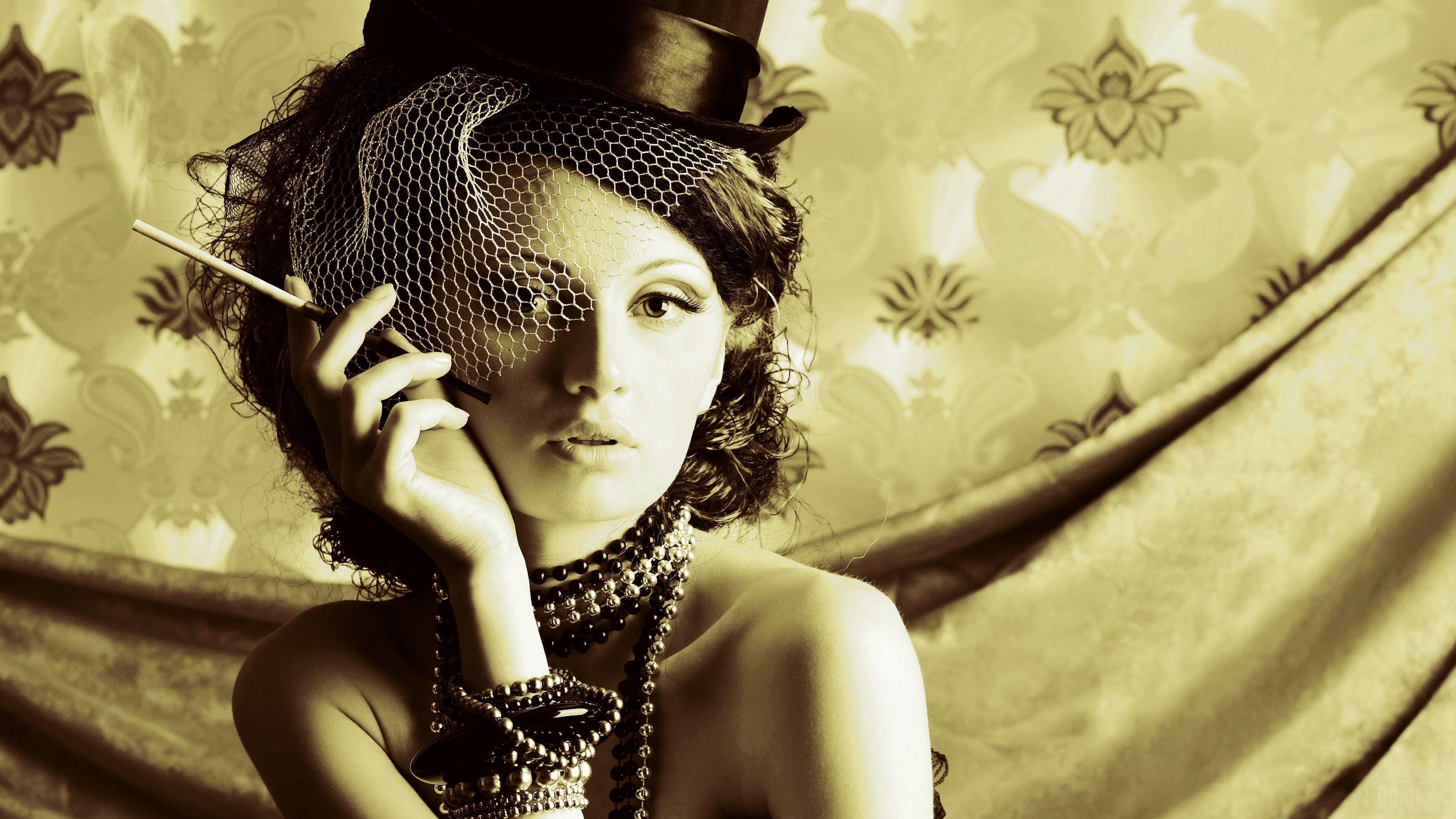 HD wallpaper, Woman 4K, Smoking, Hat, Bracelet, Vintage, Jewelry, Brunette, Necklace, Model