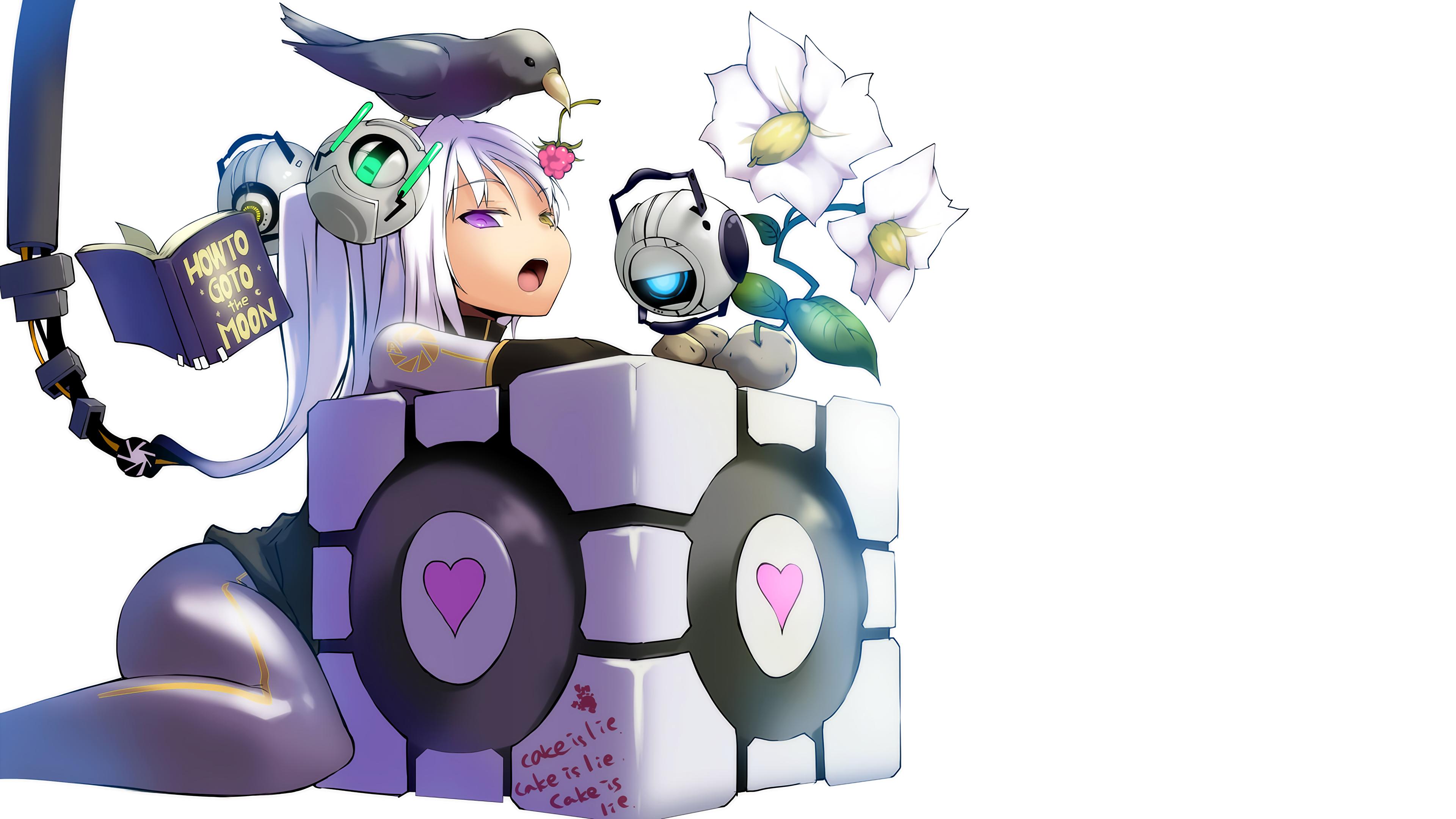 HD wallpaper, Simple Background, 3D Blocks, Aperture Laboratories, Companion Cube, Glados, Video Game Art, Humor, Video Games, White Background, Open Mouth, Birds, Books, Pc Gaming, Pale, Anime, Anime Girls, Video Game Girls
