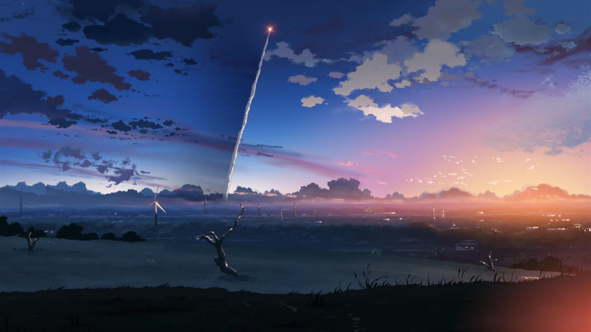 HD wallpaper, Makoto Shinkai, Drawing, Contrails, Turbines, Sunlight, Anime, 5 Centimeters Per Second, Field