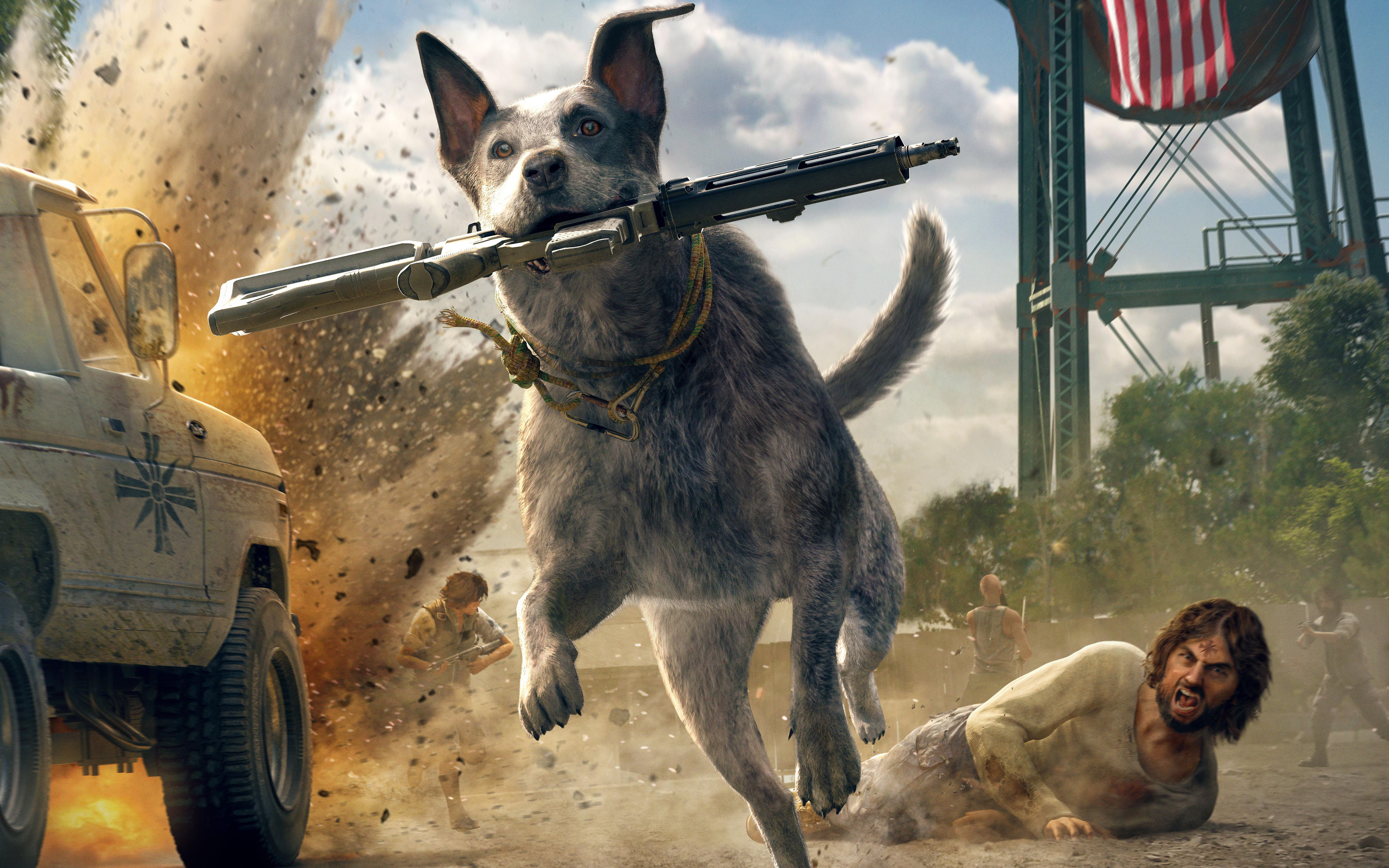 HD wallpaper, Video Games, Video Game Characters, Assault Rifle, Dog, Running, Far Cry 5, Far Cry, Boomer, Fictional Character