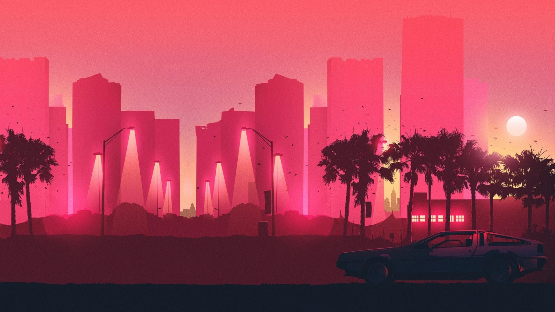 HD wallpaper, Pink, Hotline Miami, Synthwave, Delorean, Palm Trees, Cityscape, 80Scity, Artwork, Back To The Future, Car, Red