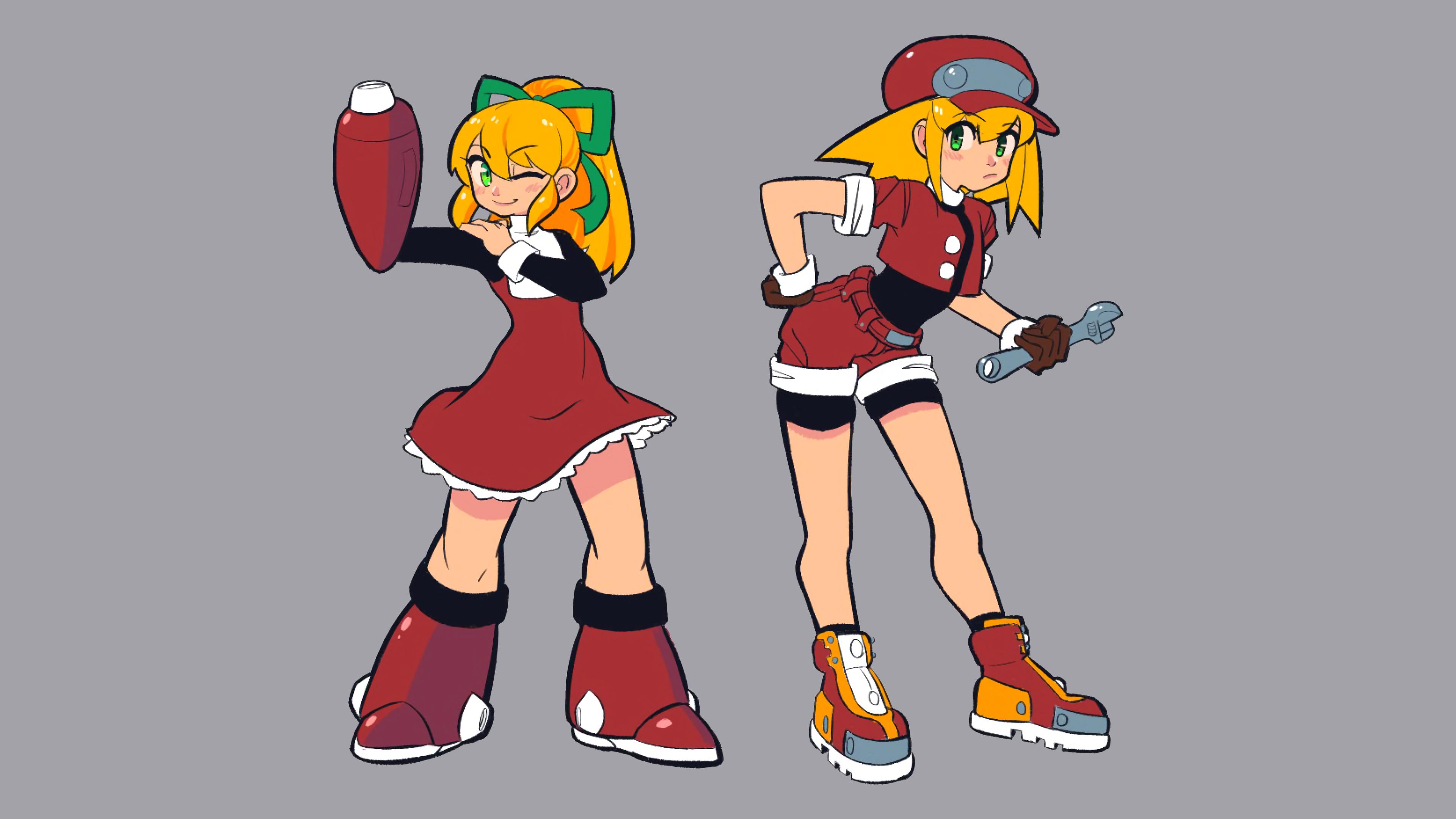 HD wallpaper, Sneakers, Ponytail, Simple Background, Green Eyes, Red Jackets, Capcom, Cannons, Cuffs, Wrench, Red Dress, Looking At Viewer, Video Game Girls, Mega Man, Short Hair, Megaman Legends, Robot, Gloves, Wink, Blonde, Bangs, Ribbon, Fictional Character, Dress, Short Shorts, Shorts, Jean Shorts, Video Games, Rockman, Jacket, Long Hair, Roll