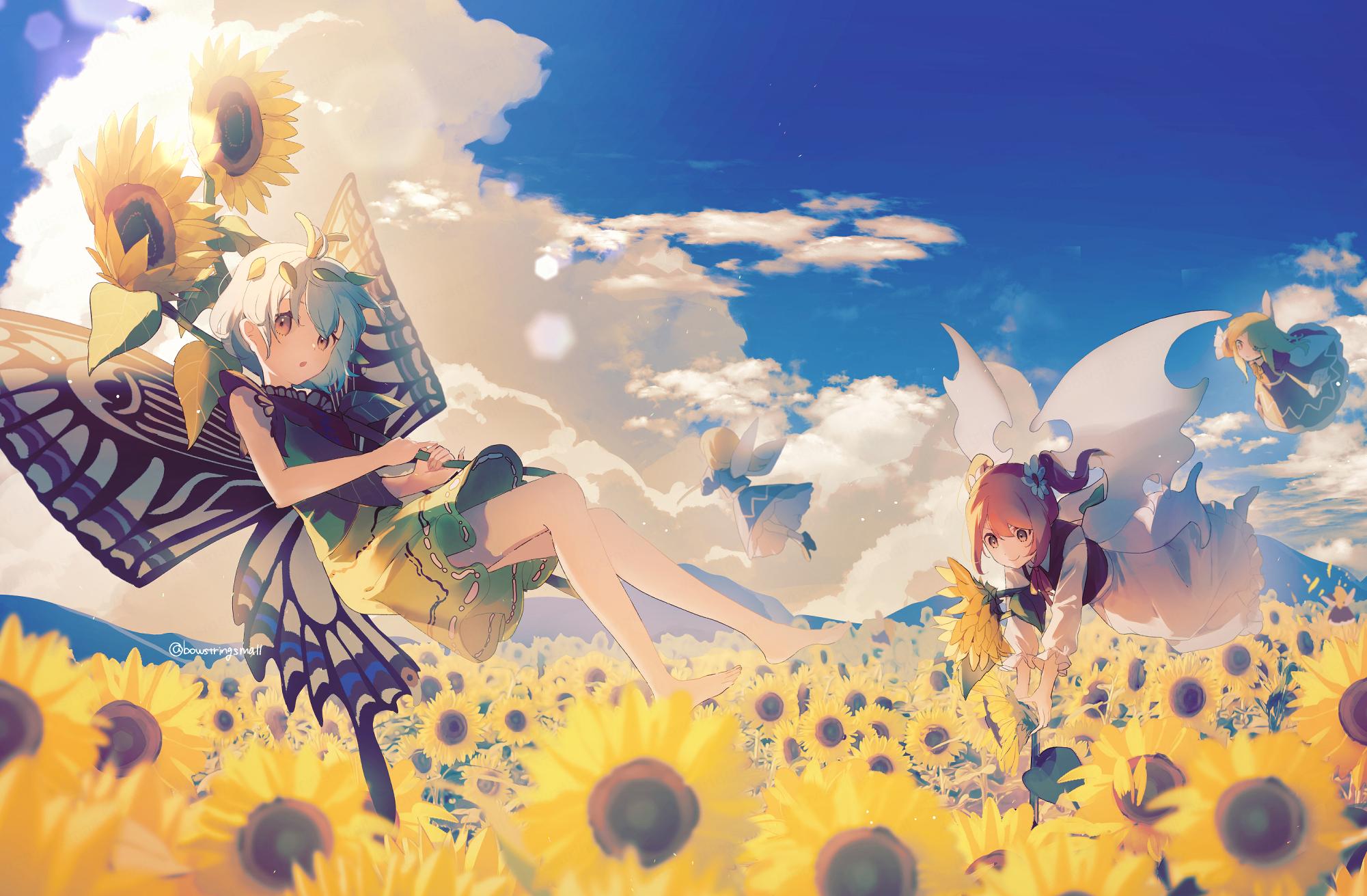 HD wallpaper, Flower In Hair, Wings, Eternity Larva, Clouds, Sunflowers, Anime, Flowers, Leaves, Looking At Viewer, Sky, Anime Girls, Touhou