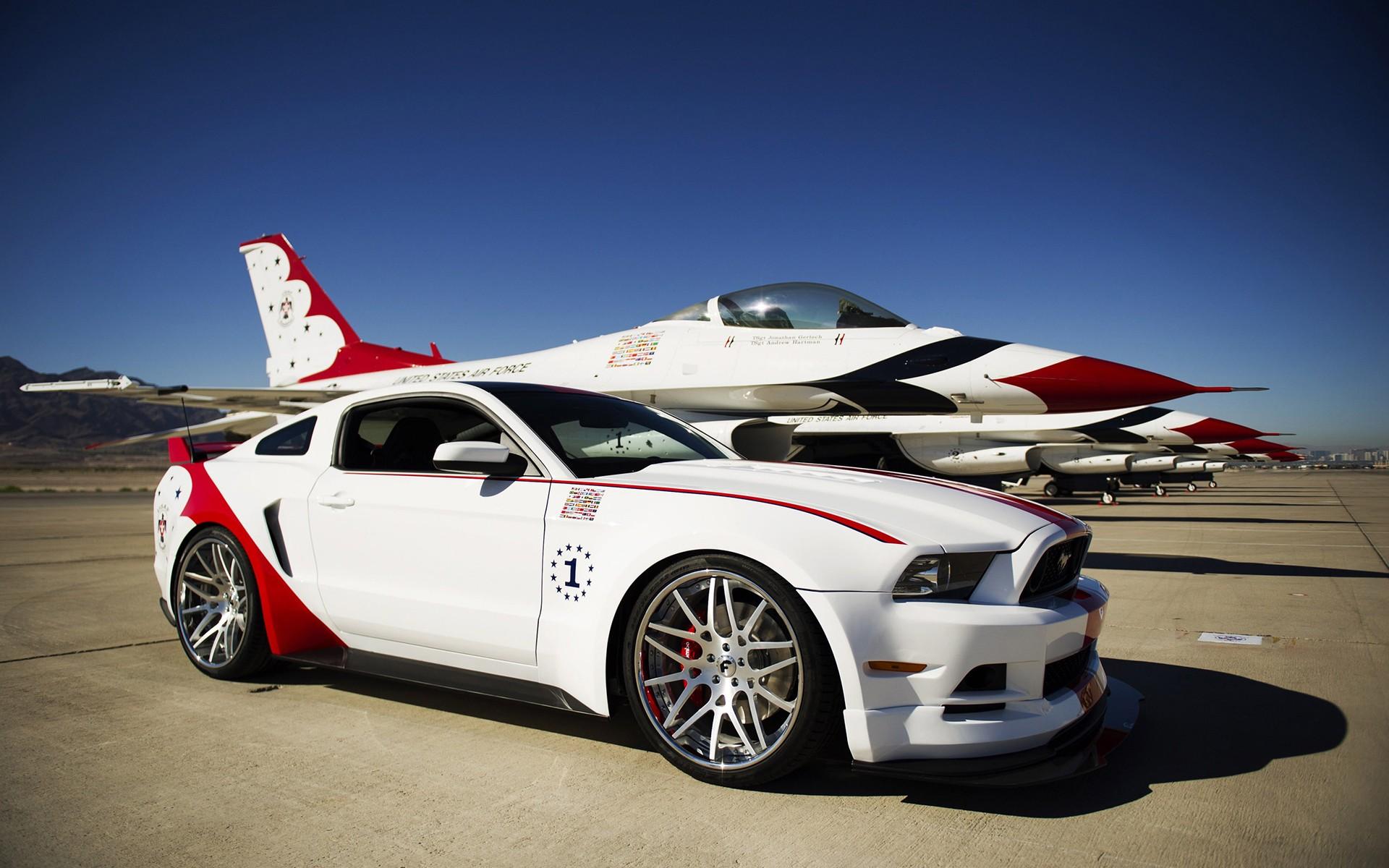 HD wallpaper, Military, Ford Mustang, Military Vehicle, White Cars, General Dynamics F 16 Fighting Falcon, Aircraft, Ford Mustang S 197 Ii, Military Aircraft, Ford, Car, Vehicle, Ford Mustang Gt Us Airforce Edition, Thunderbirds
