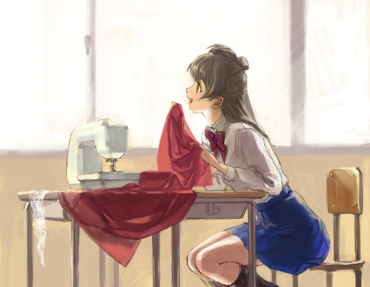 HD wallpaper, Anime Girls, Sewing Machine, Miniskirt, Sitting, Minami Kotori