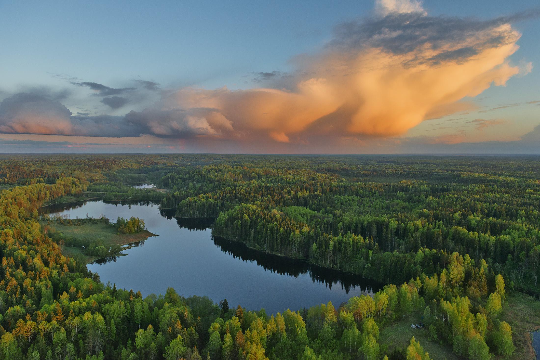HD wallpaper, Reflection, Green, Sky, Nature, Forest, Trees, Water, Landscape, Gostilitskoe Lake, Clouds