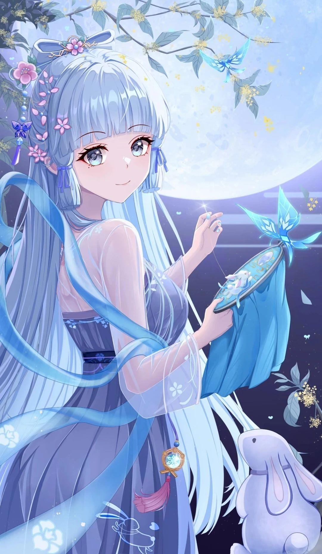 HD wallpaper, Sewing, Leaves, Animals, Mole Under Eye, Dress, Blue Nails, Portrait Display, Rabbits, Night, Branch, Moles, Petals, Genshin Impact, Moonlight, Looking At Viewer, Blue Hair, Long Hair, Smiling, Anime Girls, Needles, Anime, Blue Eyes, Standing, Closed Mouth, Flower In Hair, Moon