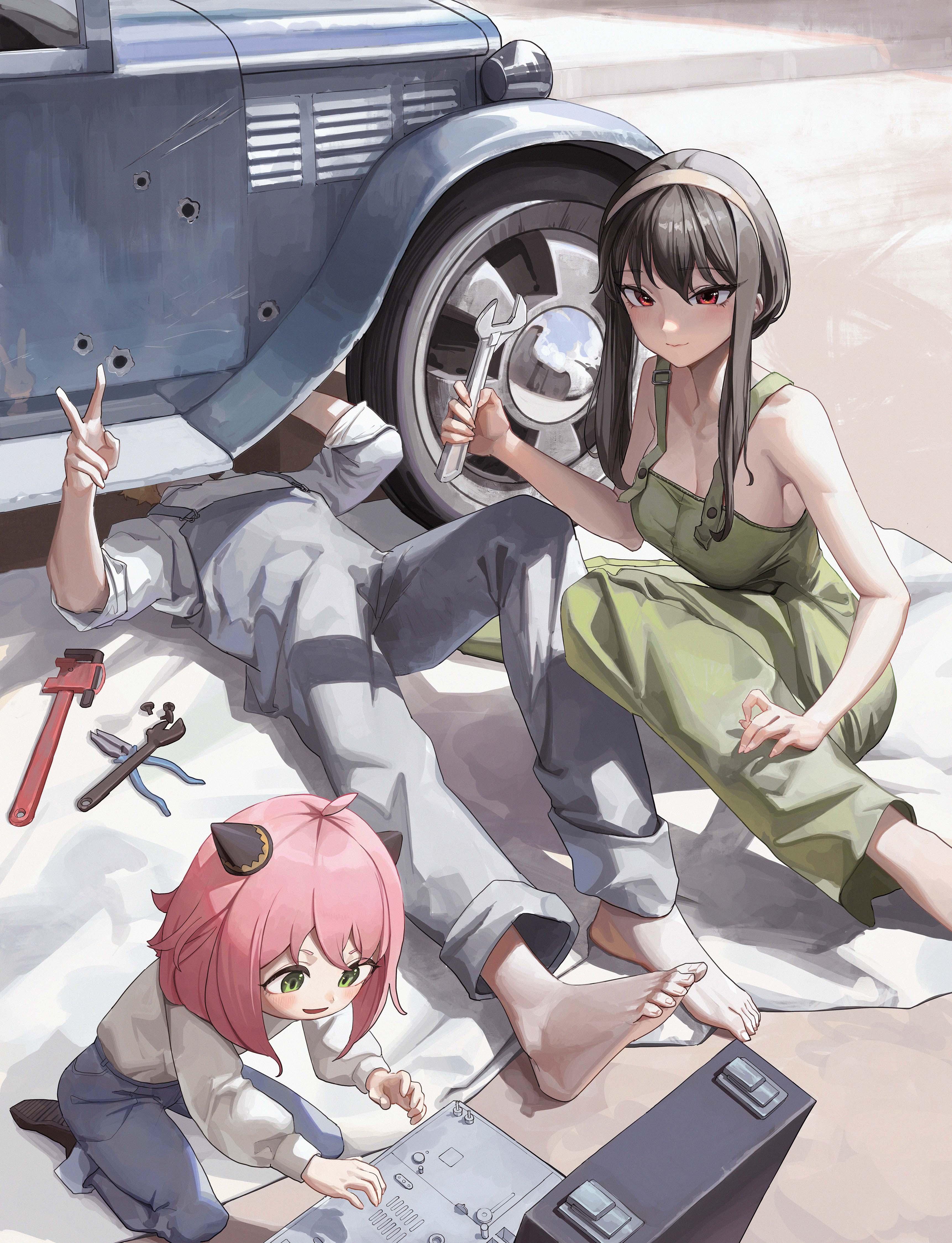 HD wallpaper, Anime, Pink Hair, Spy X Family, Yor Forger, Anya Forger, Red Eyes, Victory Sign, Wrench, Mechanics, Loid Forger, Bullet Holes, Car Repair