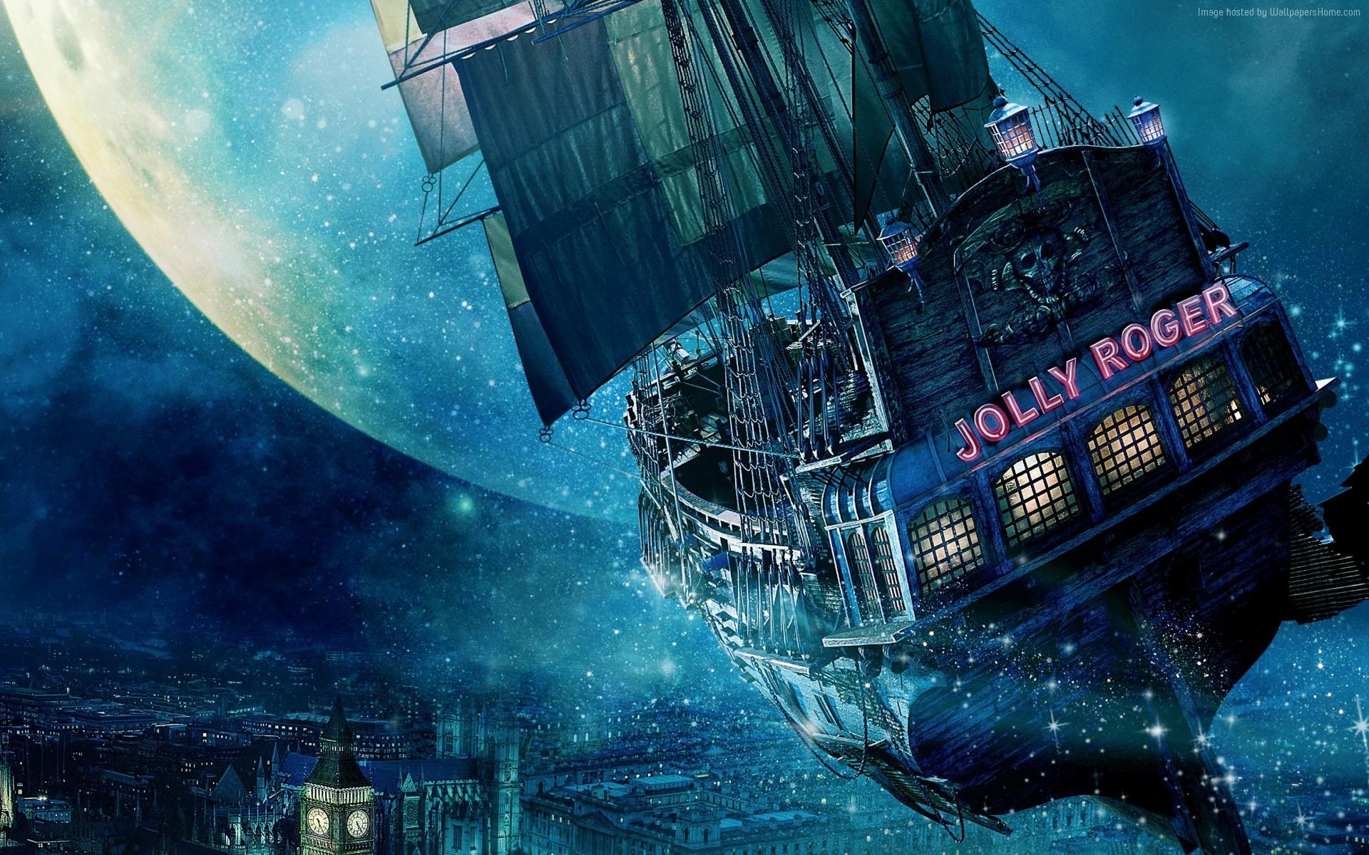 HD wallpaper, Peter Pan, Jolly Roger, Fantasy Art, Vehicle, Digital Art, Moon, Sailing Ship, Ship