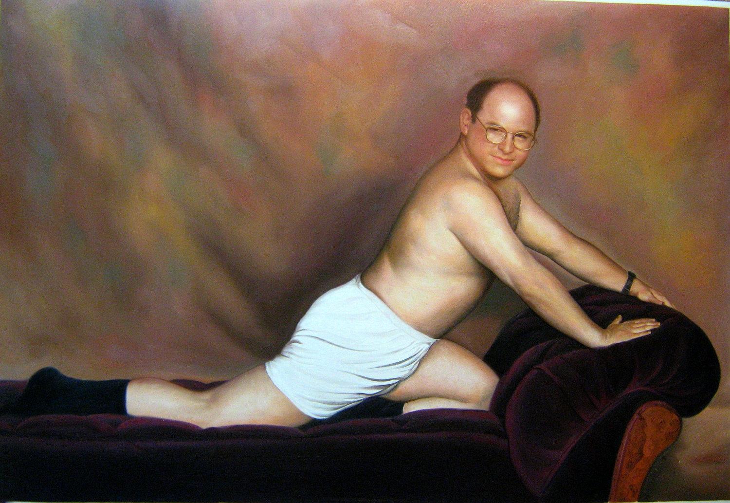 HD wallpaper, Seinfeld, Humor, Shirtless, Men, Actor, George Costanza, Artwork, Hair On Chest, Couch, Sensual Gaze