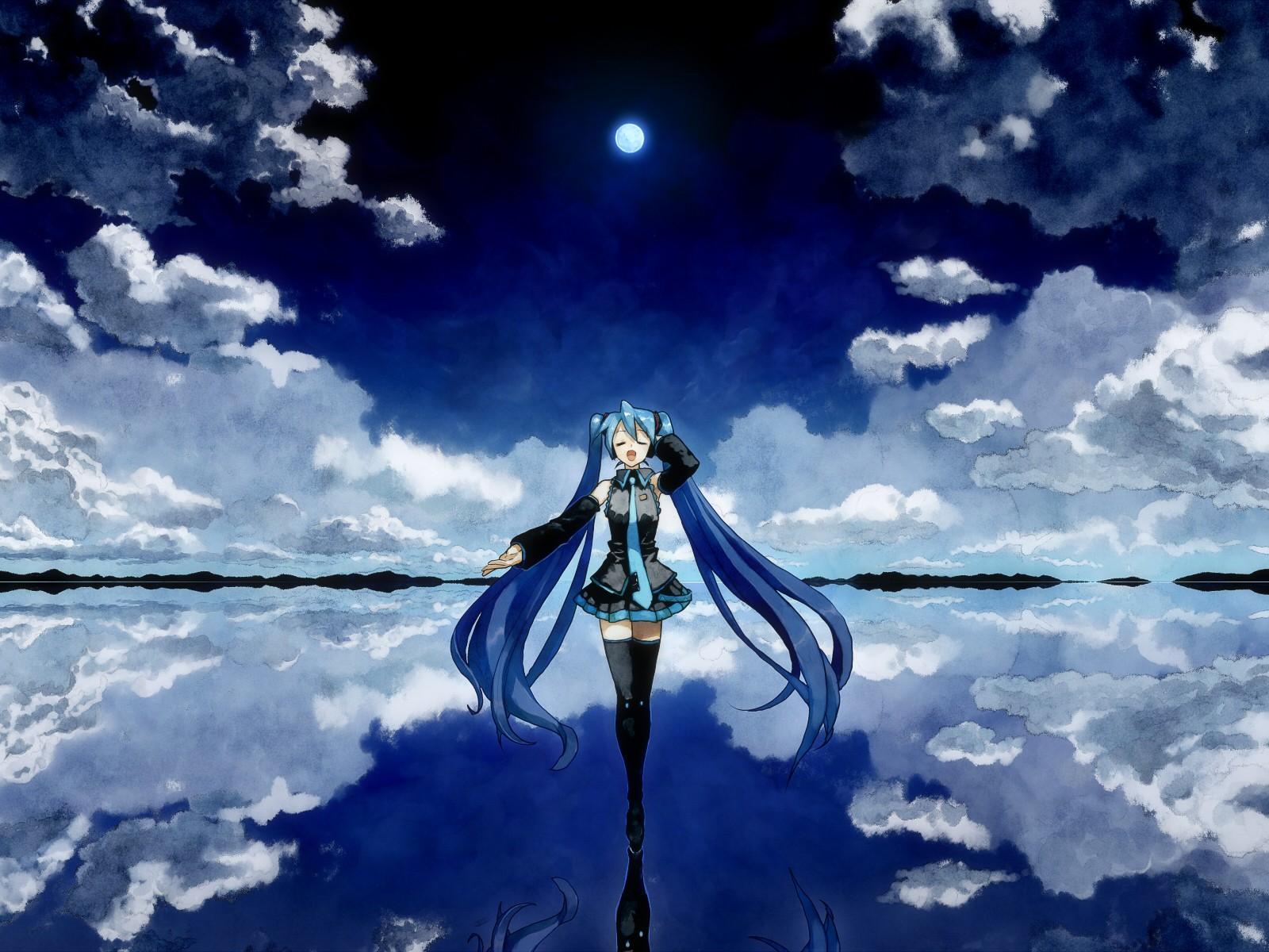 HD wallpaper, Reflection, Clouds, Anime, Open Mouth, Anime Girls, Hatsune Miku, Sky, Blue Hair
