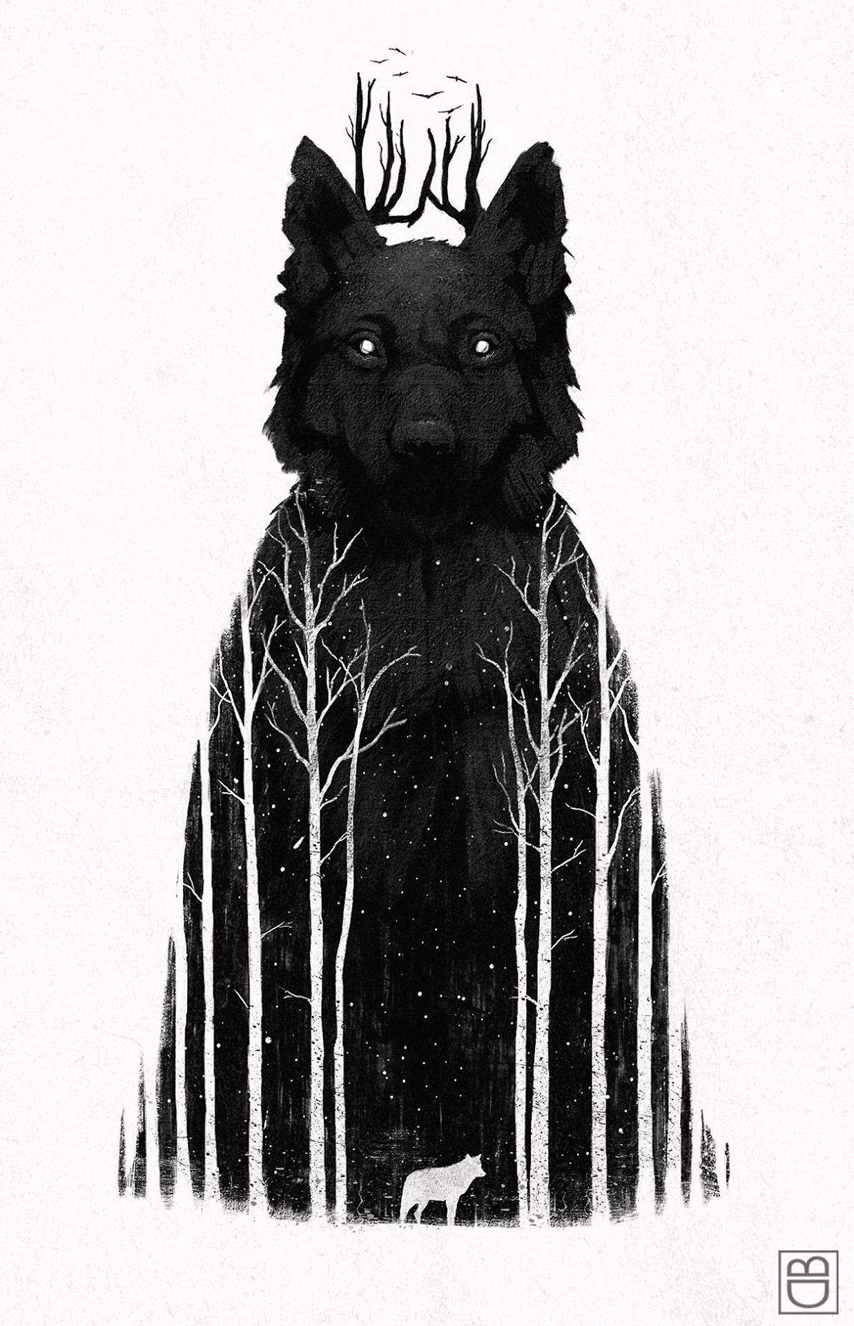 HD wallpaper, Trees, Wolf, Forest, Night Sky, Black, Monochrome