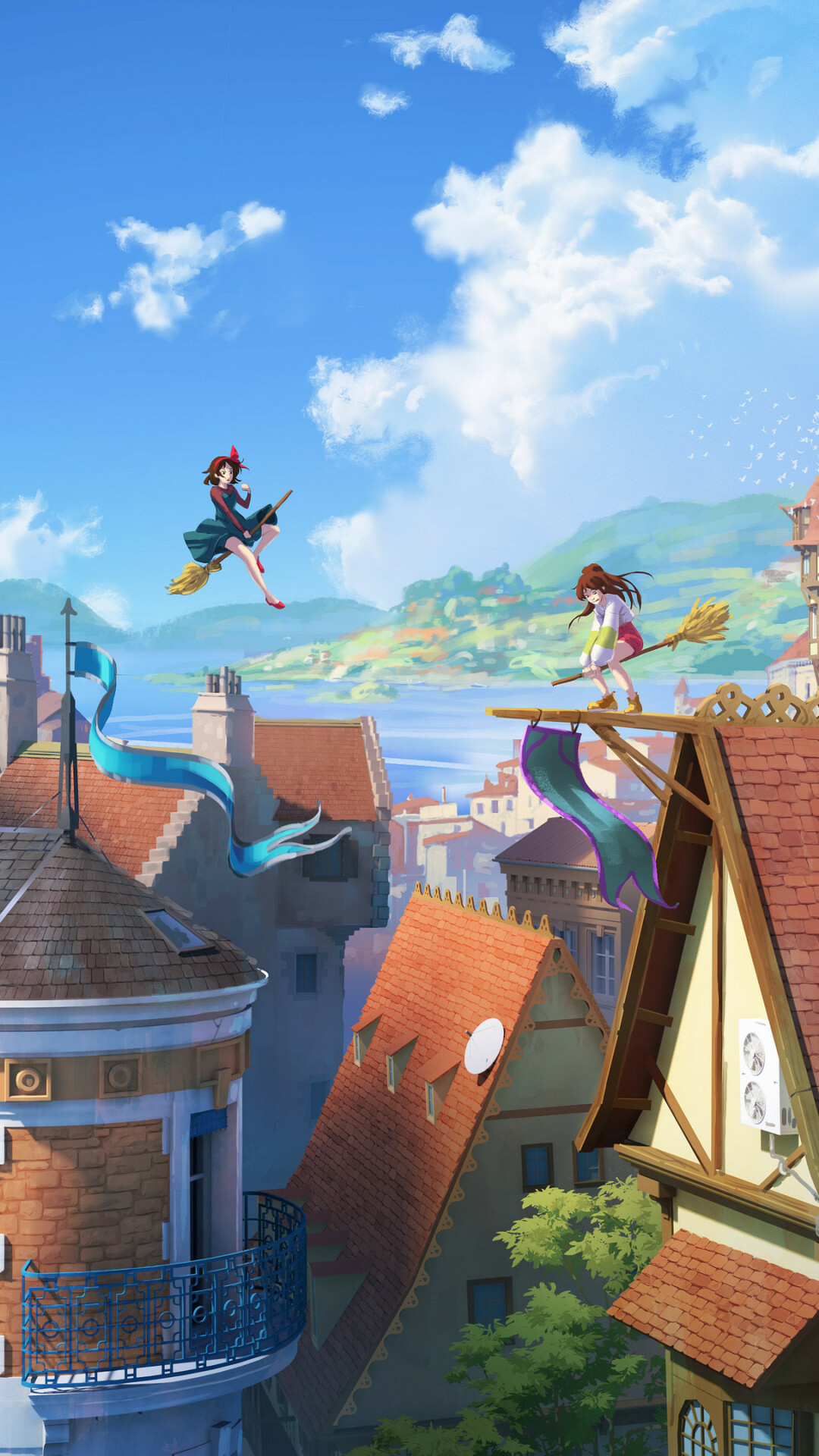 HD wallpaper, 1080X1920 Full Hd Phone, Kiki And Chihiro Rooftop, Phone Full Hd Kikis Delivery Service Background Image, Serene Atmosphere, Sylvain Sarrailh Artwork, Anime Illustration