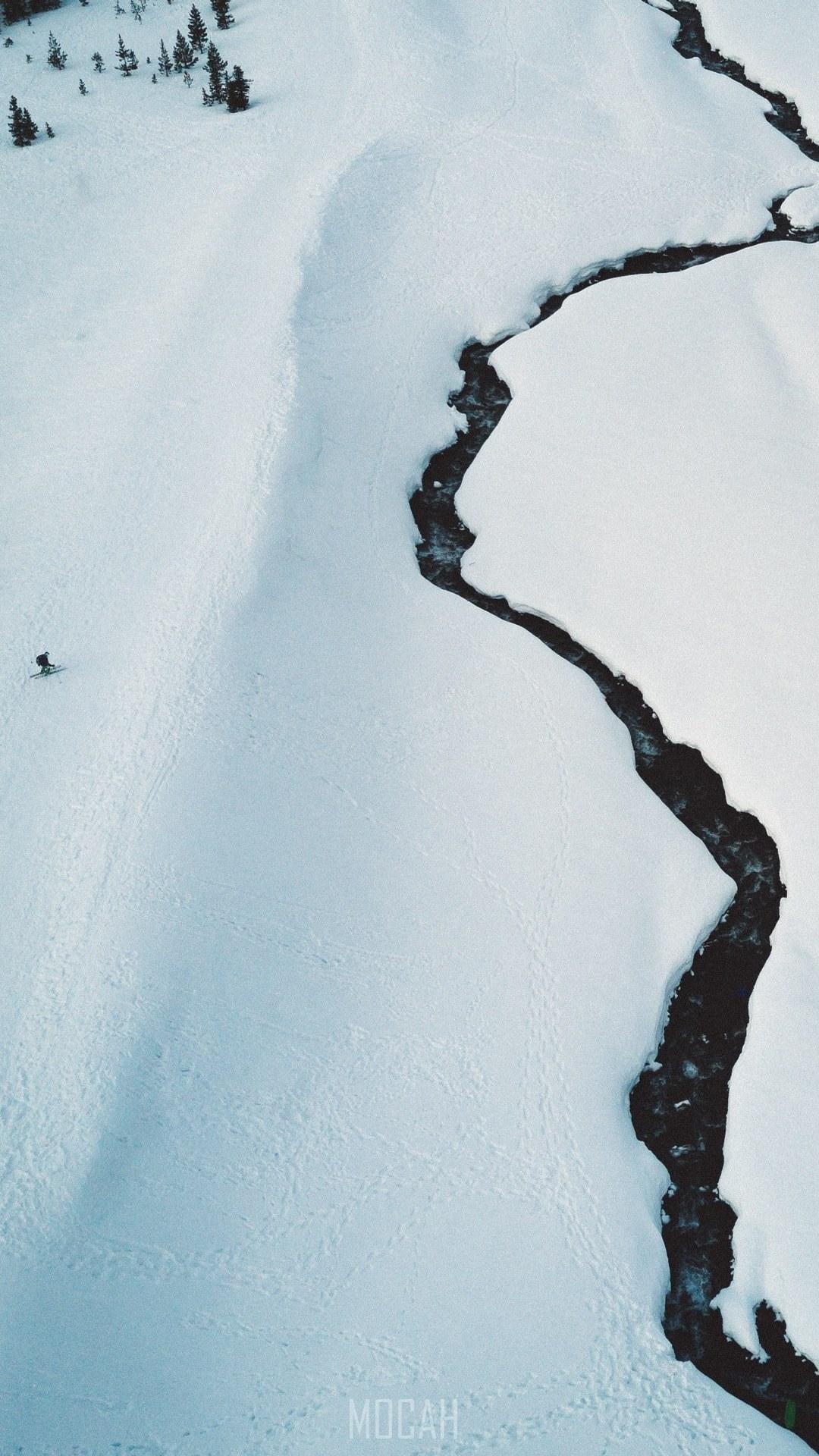 HD wallpaper, 1080X1920, Xiaomi Mi A1 Wallpaper Hd Download, Skier Skiing, A Drone Shot Of A Small River Flowing Through Snowy Plains