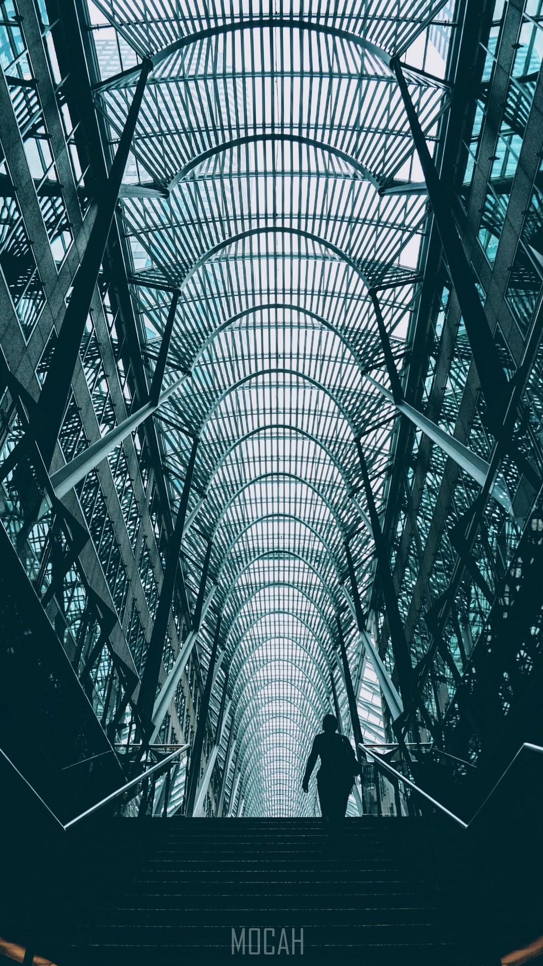 HD wallpaper, Huawei Nova 2 Plus Screensaver, 1080X1920, Atrium Staircase, A Silhouette On Stairs In A High Ceiling Atrium In An Office Complex In Toronto