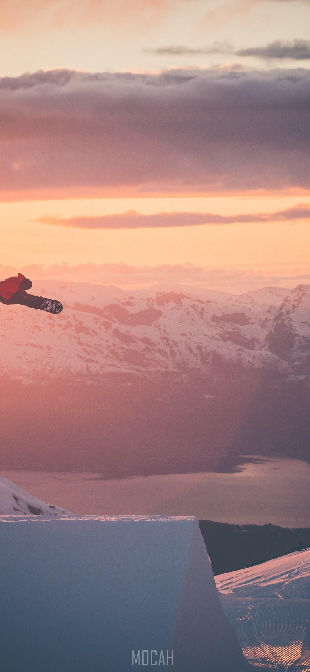 HD wallpaper, 1080X2340, A Snowboarder Is Airborne Surrounded By Golden Skies And Snowy Mountains, Vivo S1 Wallpaper Download, Snowboarder In Flight