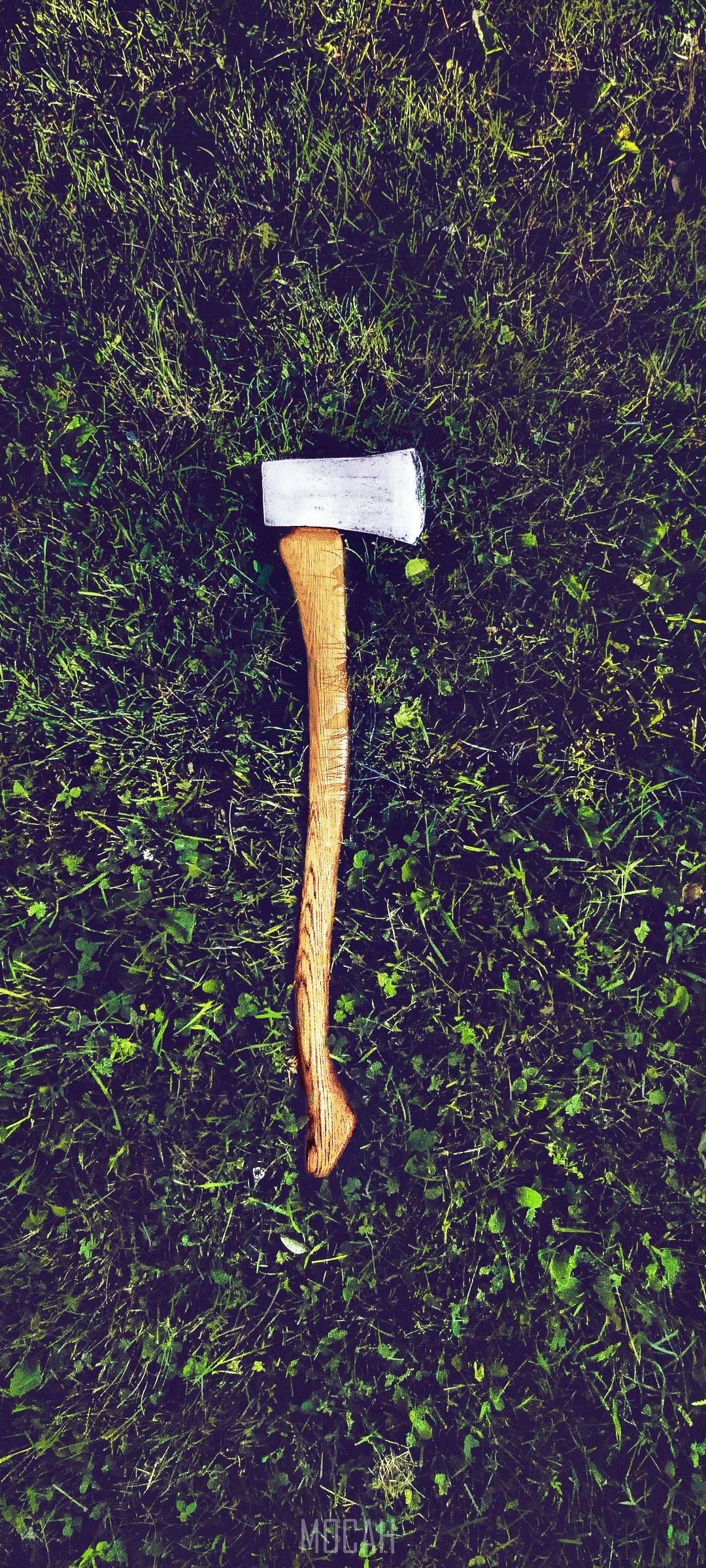 HD wallpaper, A Cut Above, A Metal Ax With A Wooden Handle Laid Down In The Middle Of A Grassy Ground, 1080X2400, Oppo F15 Wallpaper Full Hd