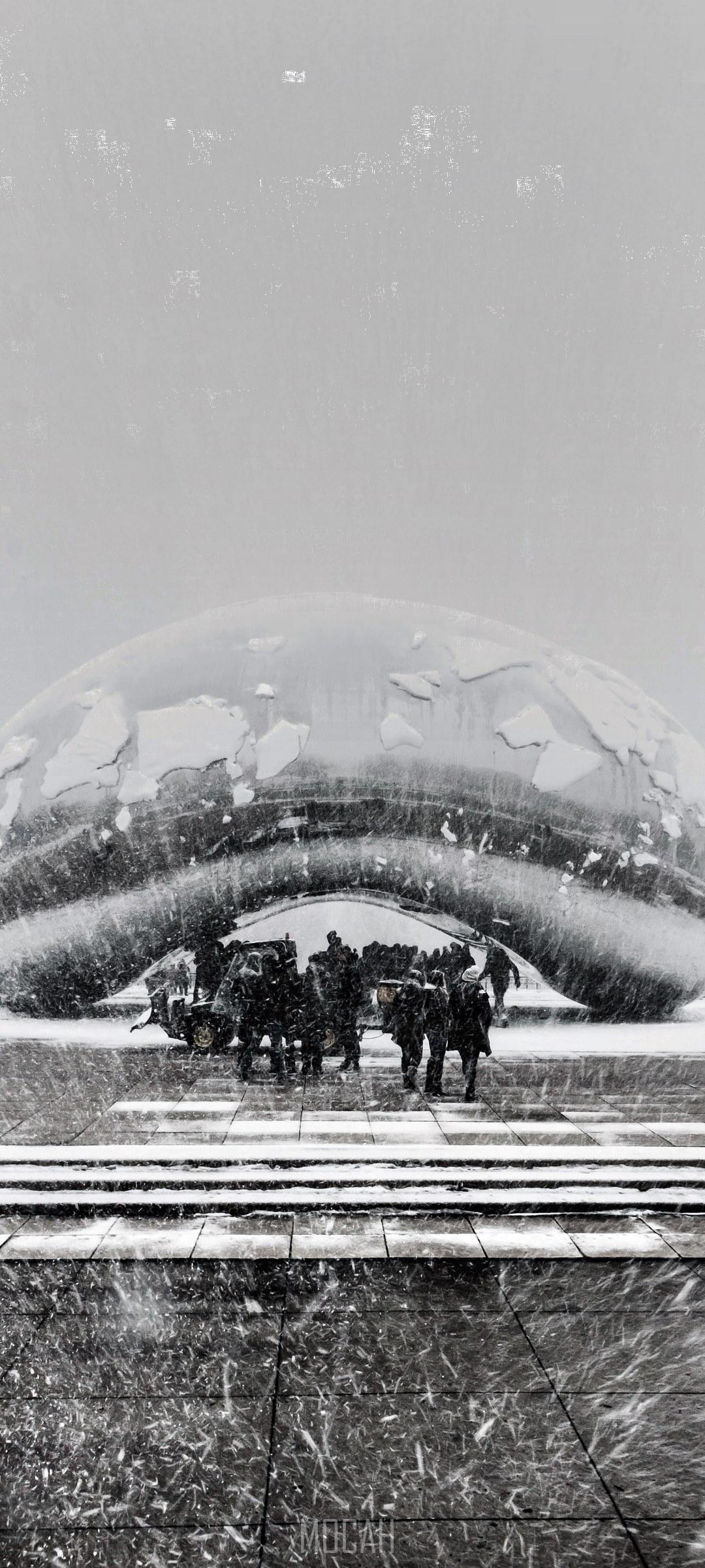 HD wallpaper, 1080X2400, Honor V30 Wallpaper Hd Free Download, Black And White Shot Of Group Of People Standing Near Modern Sculpture In Heavy Snow Chicago, The Bean Snowy In March
