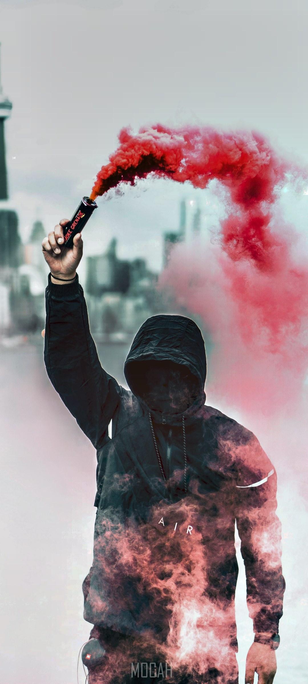 HD wallpaper, A Person In A Black Hoodie With Obscured Face Holds Up A Pink Smoke Grenade, Realme V5 5G Hd Download, 1080X2400, Person With Pink Smoke Grenade