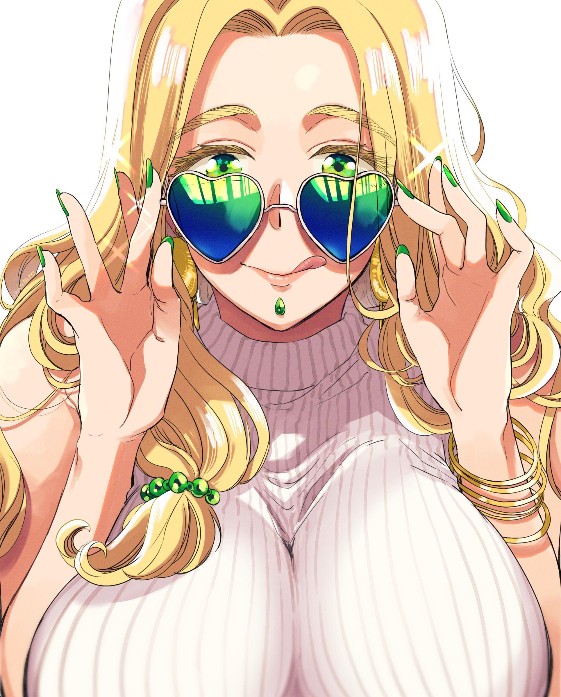 HD wallpaper, Pixiv, Fate Series, Arms Up, Bare Shoulders, Big Boobs, Anime, Casual, Shiny Hair, Women With Shades, Nail Polish, Long Hair, Jewelry, Green Eyes, Saggy Tits, Messy Hair, Fate Grand Order, Smiling, Bracelets, Fgo, Anime Girls, Alternate Costume, Tongue Out, Blond Hair, Quetzalcoatl Fgo, Sleeveless, 2D, Turtlenecks, Simple Background, White Sweater, Pressed Boobs, Looking At Viewer, Yukataro, Green Nails, Fan Art, Touching Glasses, Women Outdoors, Wide Breasts, Pink Lipstick, Pigtails
