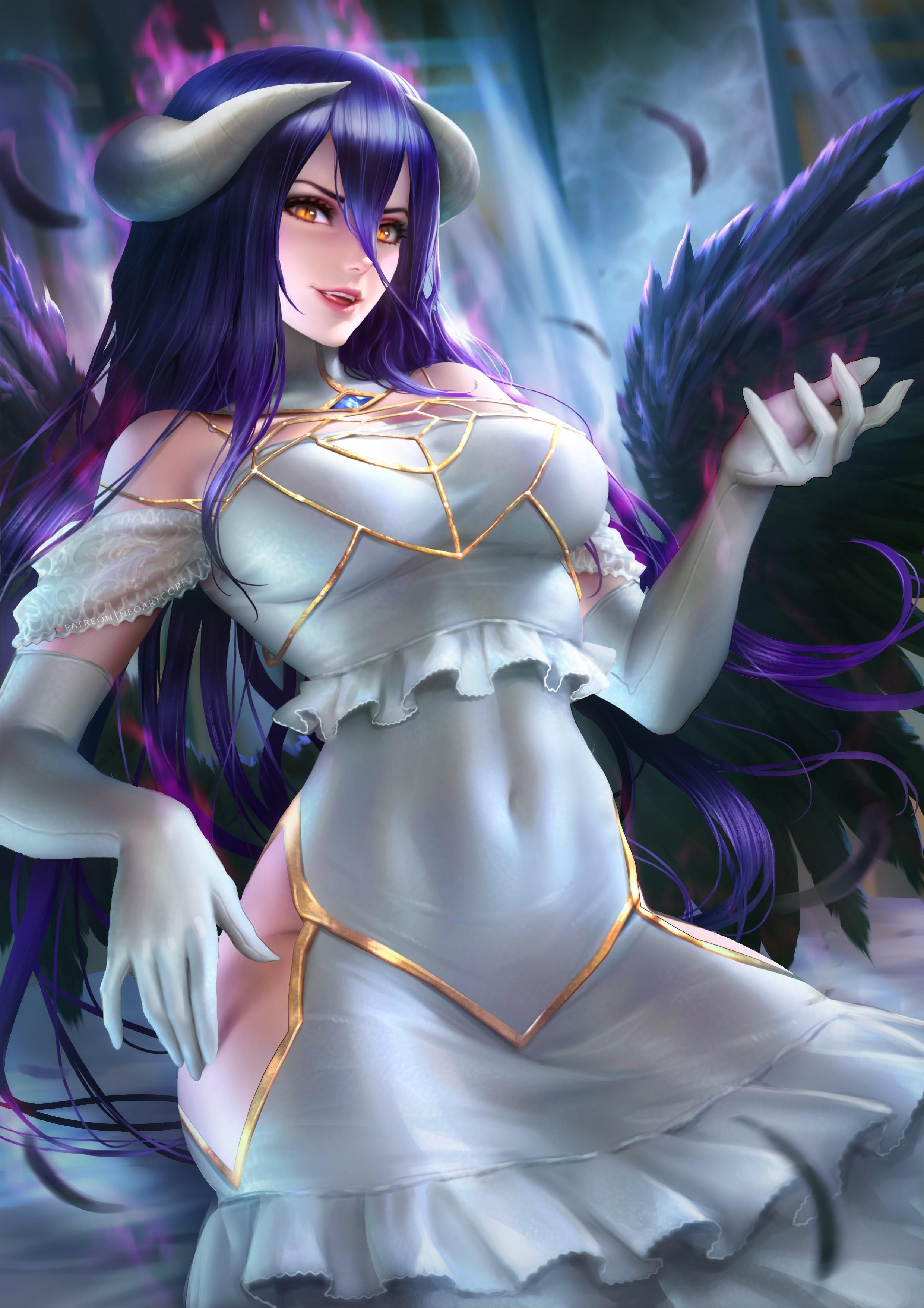 HD wallpaper, Wings, Long Hair, Horns, Succubus, Feathers, Dress, Overlord Anime, Smiling, Fantasy Art, Artwork, Looking At Viewer, Fangs, Elbow Gloves, Neoartcore Artist, Digital Art, Vertical, Albedo Overlord, Drawing, Fantasy Girl, Tight Clothing, Yellow Eyes, Illustration, White Clothing, Fan Art, Dark Hair, Anime, Portrait Display, White Dress, Belly, White Gloves, Anime Girls
