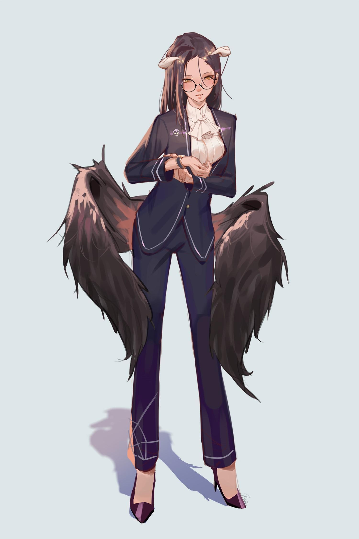 HD wallpaper, Fan Art, Succubus, Yellow Eyes, Office Uniform, Demon Girls, Smiling, Black Hair, Curvy, Krin, Hair In Face, Vertical, Anime, Big Boobs, Black Suit, Demon Horns, Simple Background, Women With Glasses, Blushing, Alternate Outfit, Overlord Anime, Black Heels, Monster Girl, Looking Below, Black Wings, Long Hair, Bent Over, Wristwatch, Office Girl, Albedo Overlord, Thighs, 2D, Anime Girls