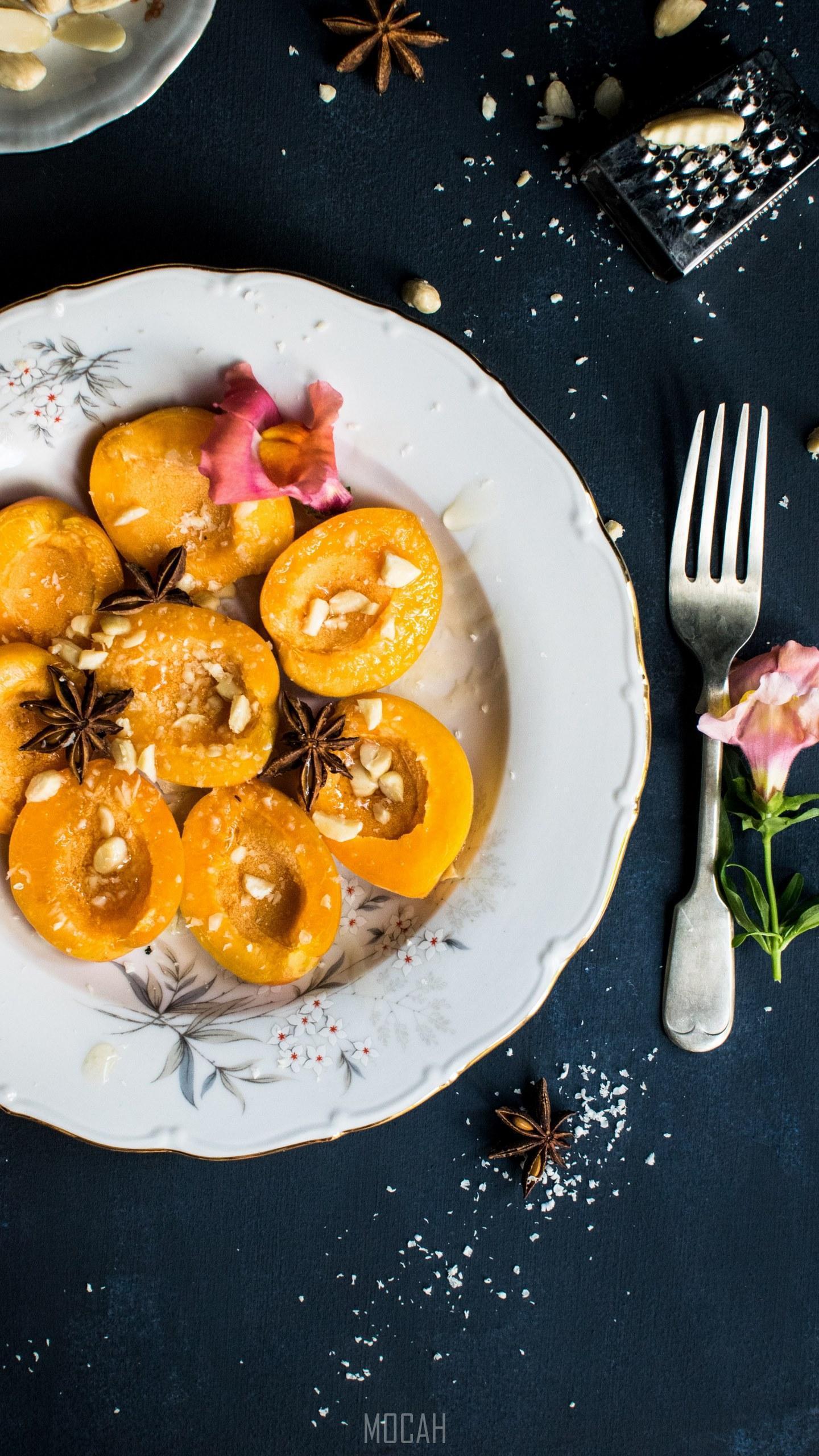 HD wallpaper, 1440X2560, Apricot In The Dark Style, Halved Peaches With Spices On A Plate For Dessert, Lenovo Phab 2 Pro Wallpaper Hd Free Download