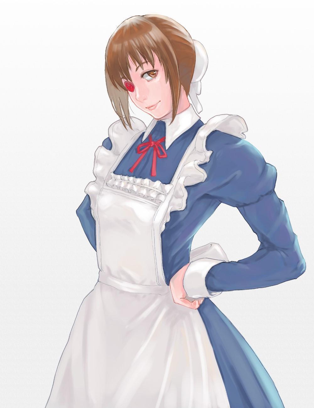 HD wallpaper, Fan Art, Brunette, Long Hair, Tsubame Kamoi, Smiling, Brown Eyes, Curvy, 2D, Simple Background, Looking At Viewer, Eyepatches, Maid Outfit, Anime, Hands On Hips, Anime Girls, Vertical