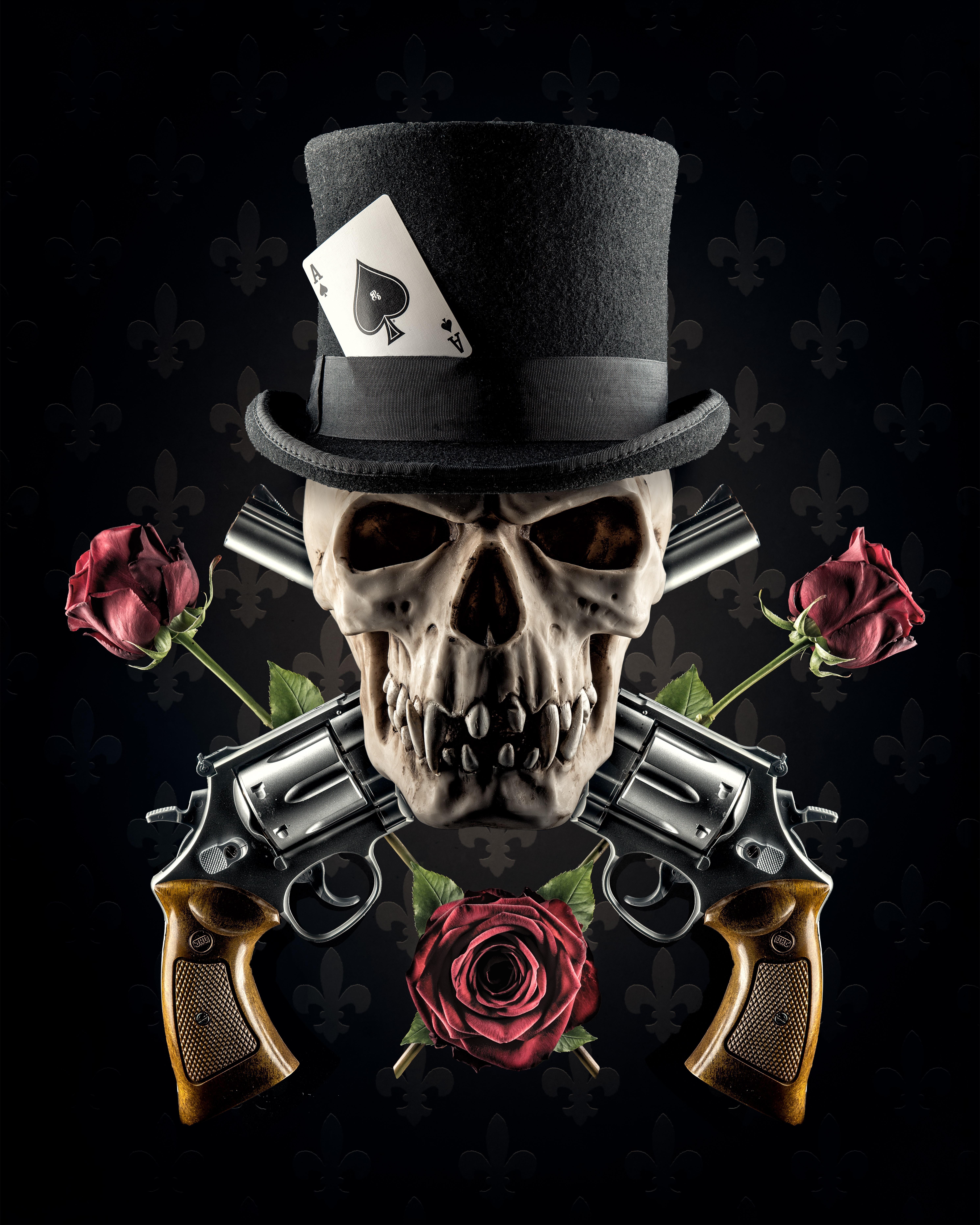 HD wallpaper, Black Background, 4K, 5K, Revolver, Hat, Roses, Skulls
