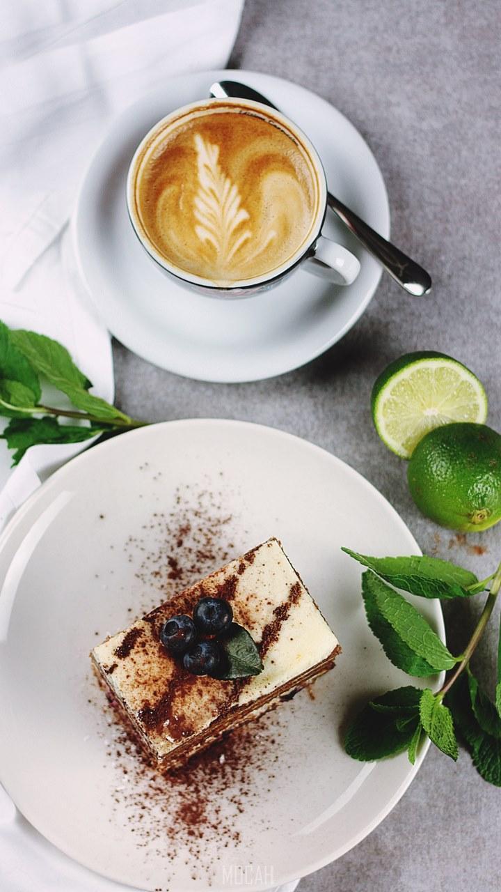 HD wallpaper, Coffee And Cake Artwork, 720X1280, Coffee In White Cup With Foam Artwork Near Plate With Cake With Dusting Mint And Lime, Asus Zenfone 4 Max Pro Zc554Kl Background
