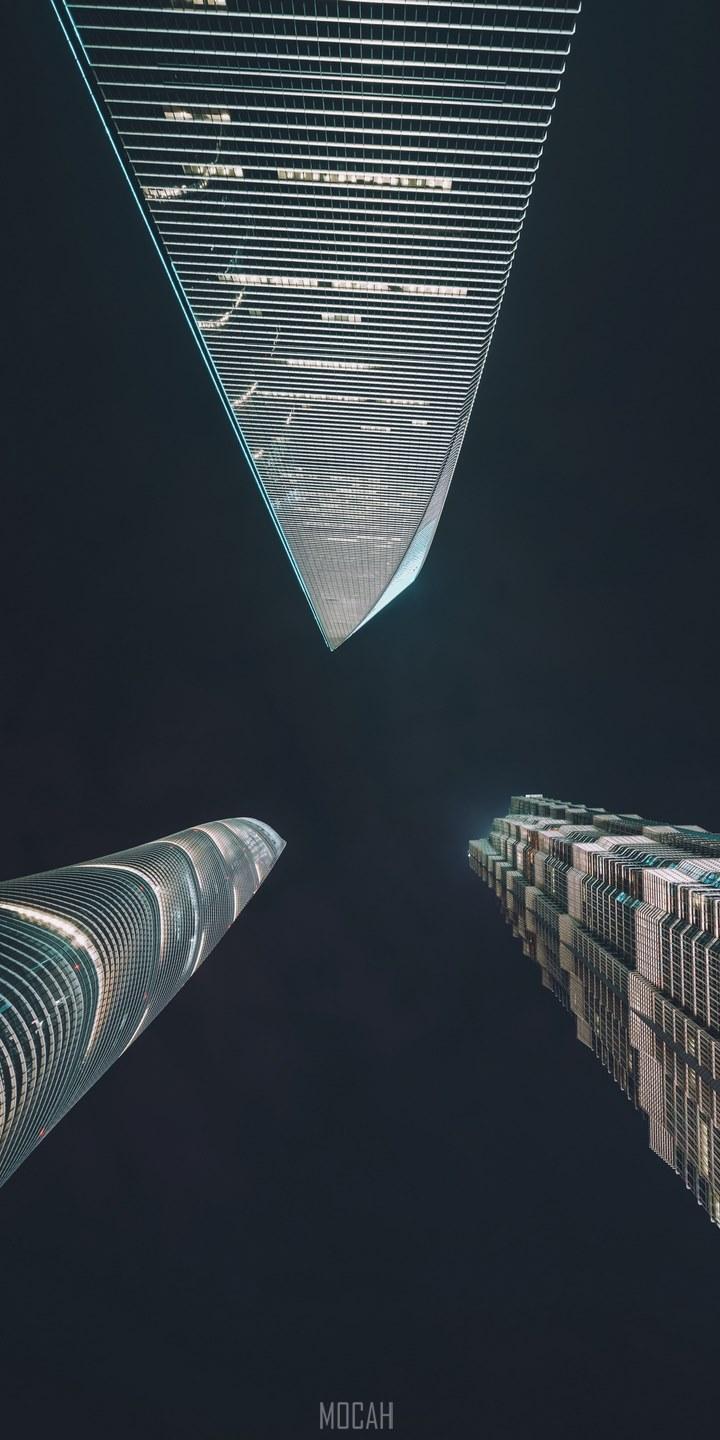 HD wallpaper, A Low Angle Shot Of Three Impressive Skyscrapers In Shanghai, Trinity, Sharp Aquos B10 Screensaver Hd, 720X1440