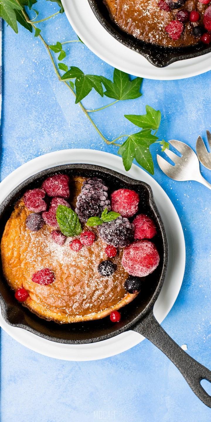 HD wallpaper, Pancakes In Cast Iron Skillet With Berries And Blue Cloth, Dutch Baby Pancake, 720X1440