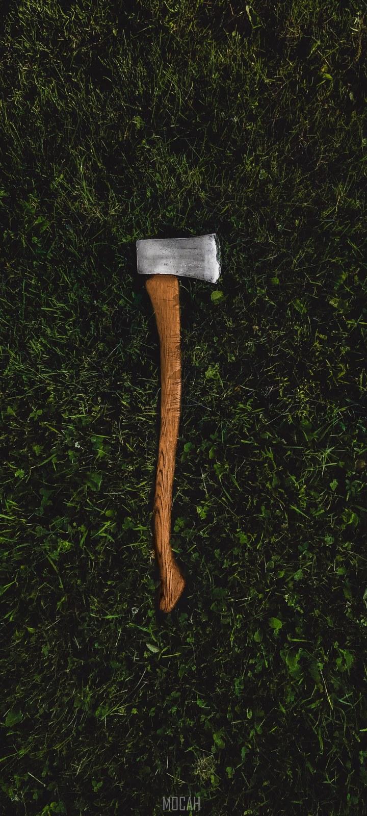 HD wallpaper, A Cut Above, A Metal Ax With A Wooden Handle Laid Down In The Middle Of A Grassy Ground, Infinix Hot 8 Wallpaper Download, 720X1600