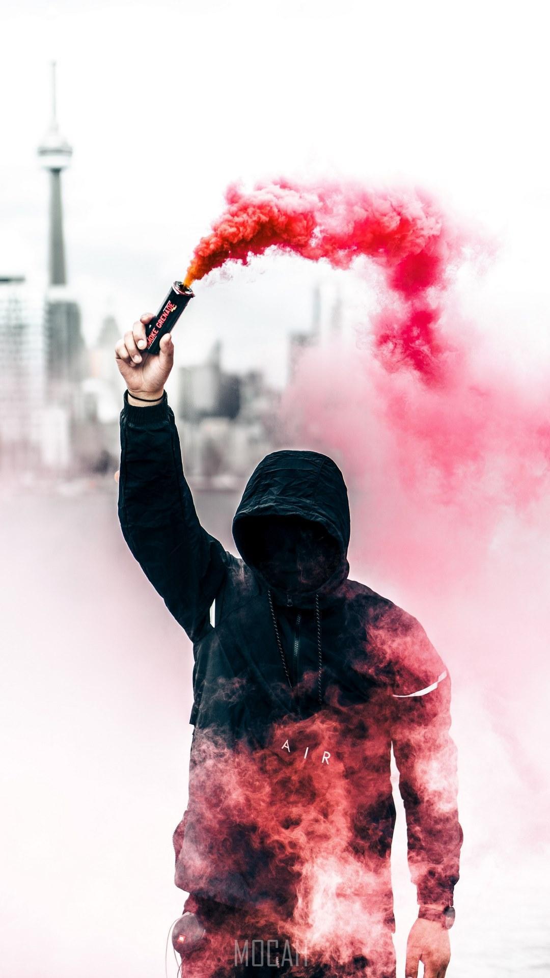 HD wallpaper, A Person In A Black Hoodie With Obscured Face Holds Up A Pink Smoke Grenade, Sony Xperia Xa1 Ultra Wallpaper Download, 1080X1920, Person With Pink Smoke Grenade