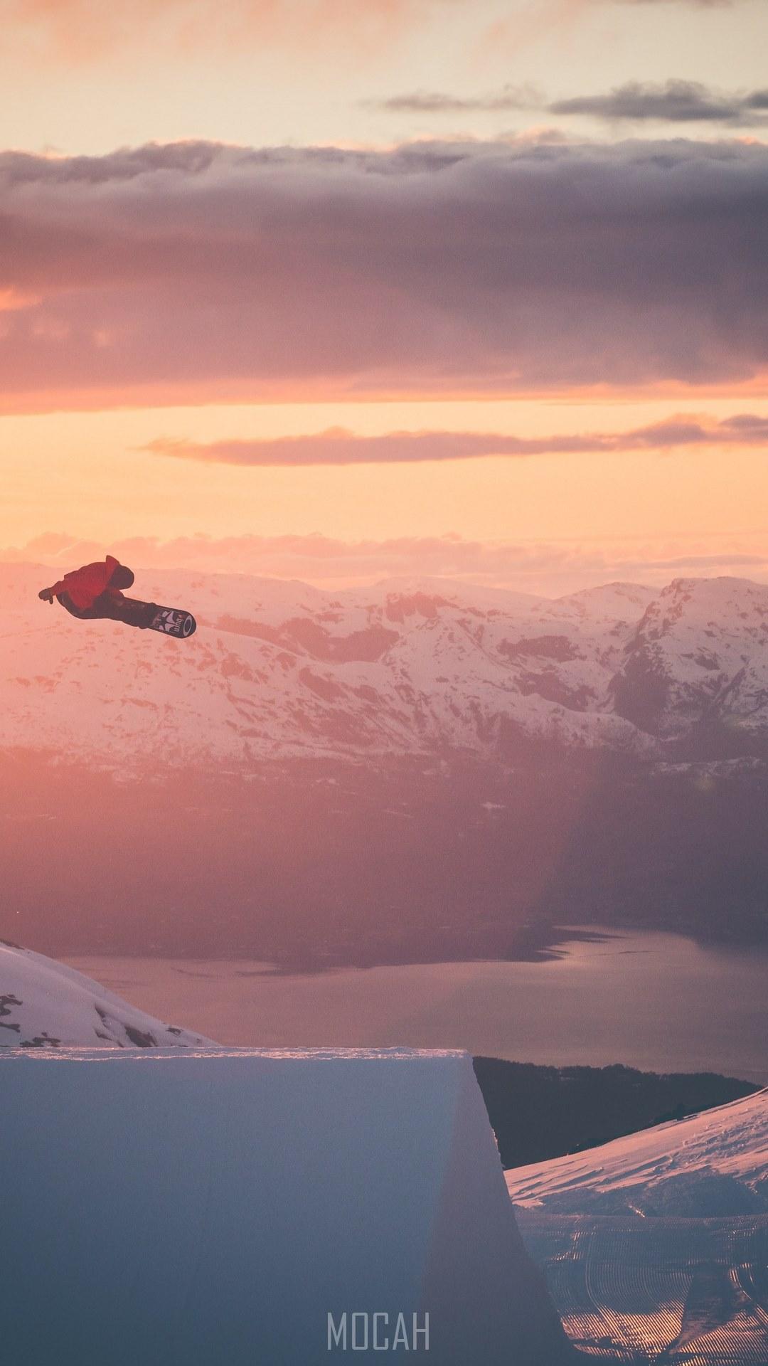 HD wallpaper, A Snowboarder Is Airborne Surrounded By Golden Skies And Snowy Mountains, 1080X1920, Snowboarder In Flight, Xiaomi Mi 6 Wallpaper Hd Free Download