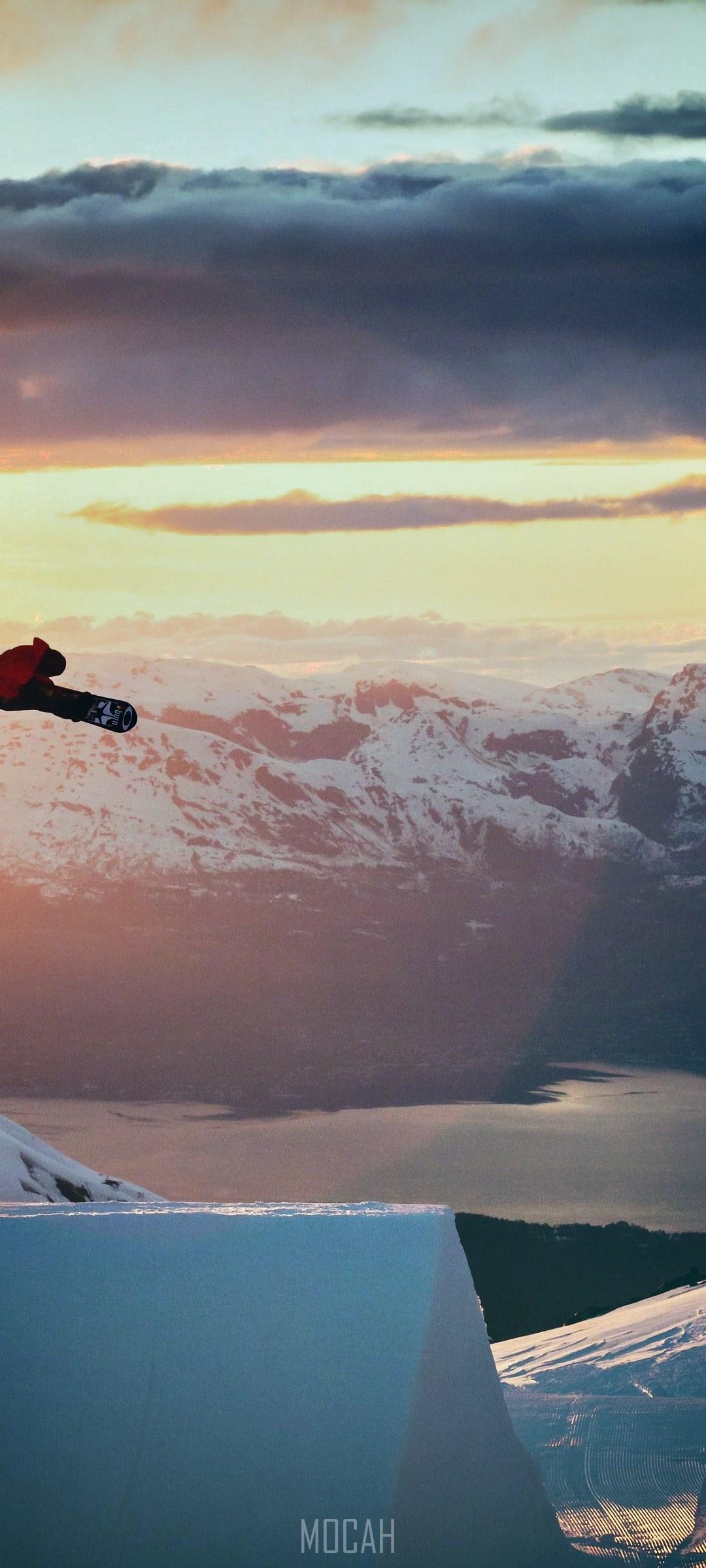 HD wallpaper, Snowboarder In Flight, A Snowboarder Is Airborne Surrounded By Golden Skies And Snowy Mountains, Lg K62 Hd Download, 1080X2400