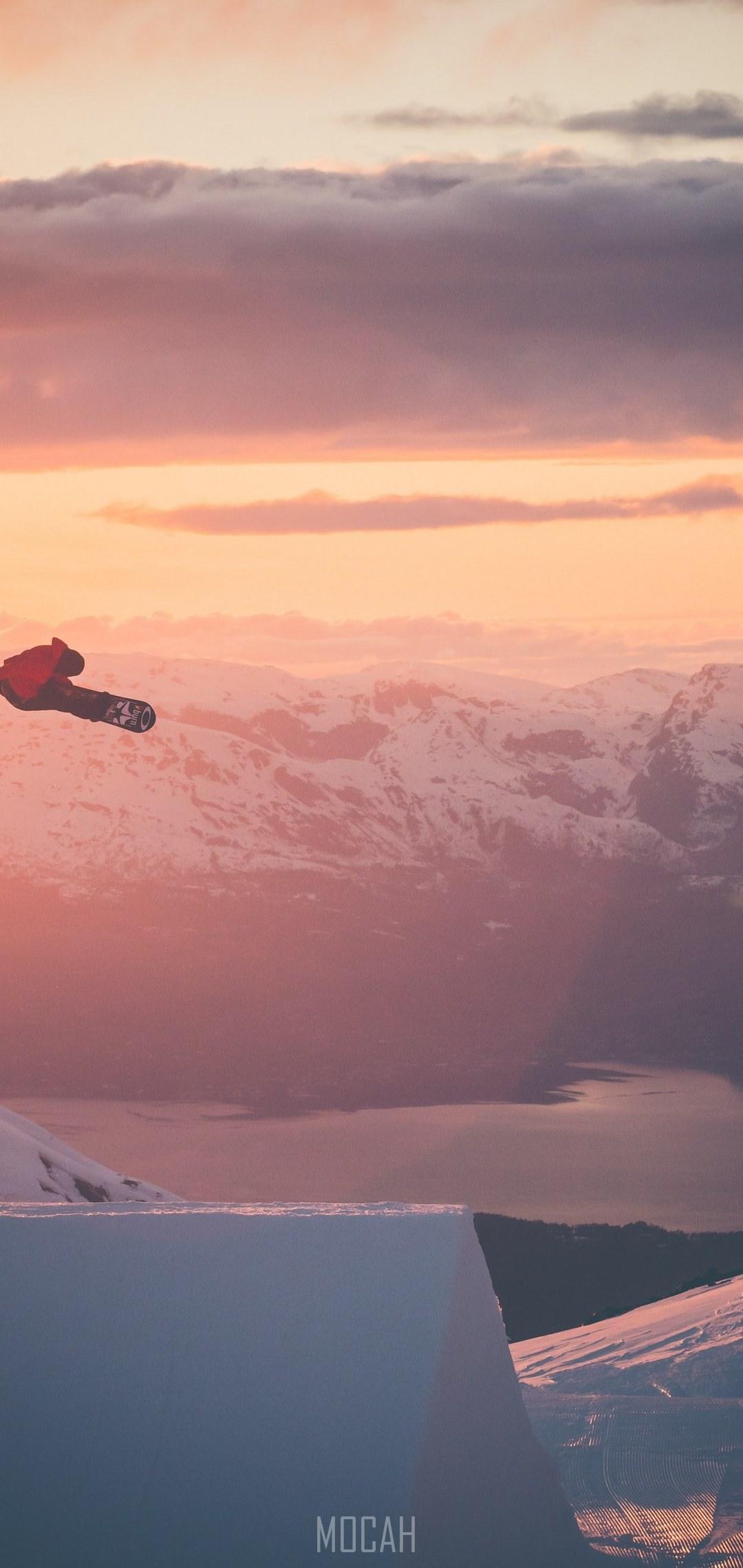 HD wallpaper, 1080X2280, A Snowboarder Is Airborne Surrounded By Golden Skies And Snowy Mountains, Snowboarder In Flight, Vivo V11I Screensaver Hd