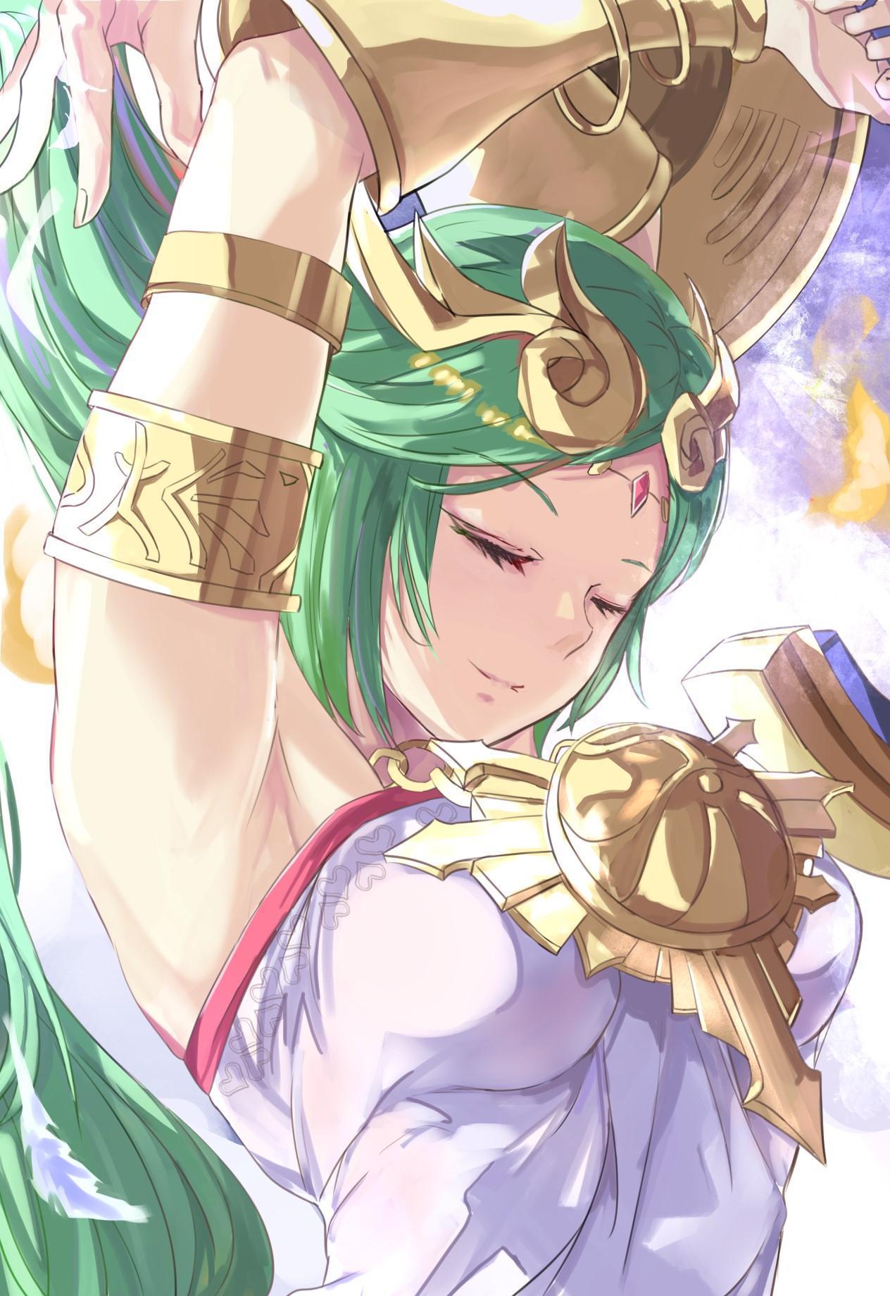 HD wallpaper, Palutena, Super Smash Brothers, Long Hair, 2D, Digital Art, Anime, Arms Up, Green Hair, Video Game Characters, Vertical, Artwork, Anime Girls, Portrait Display