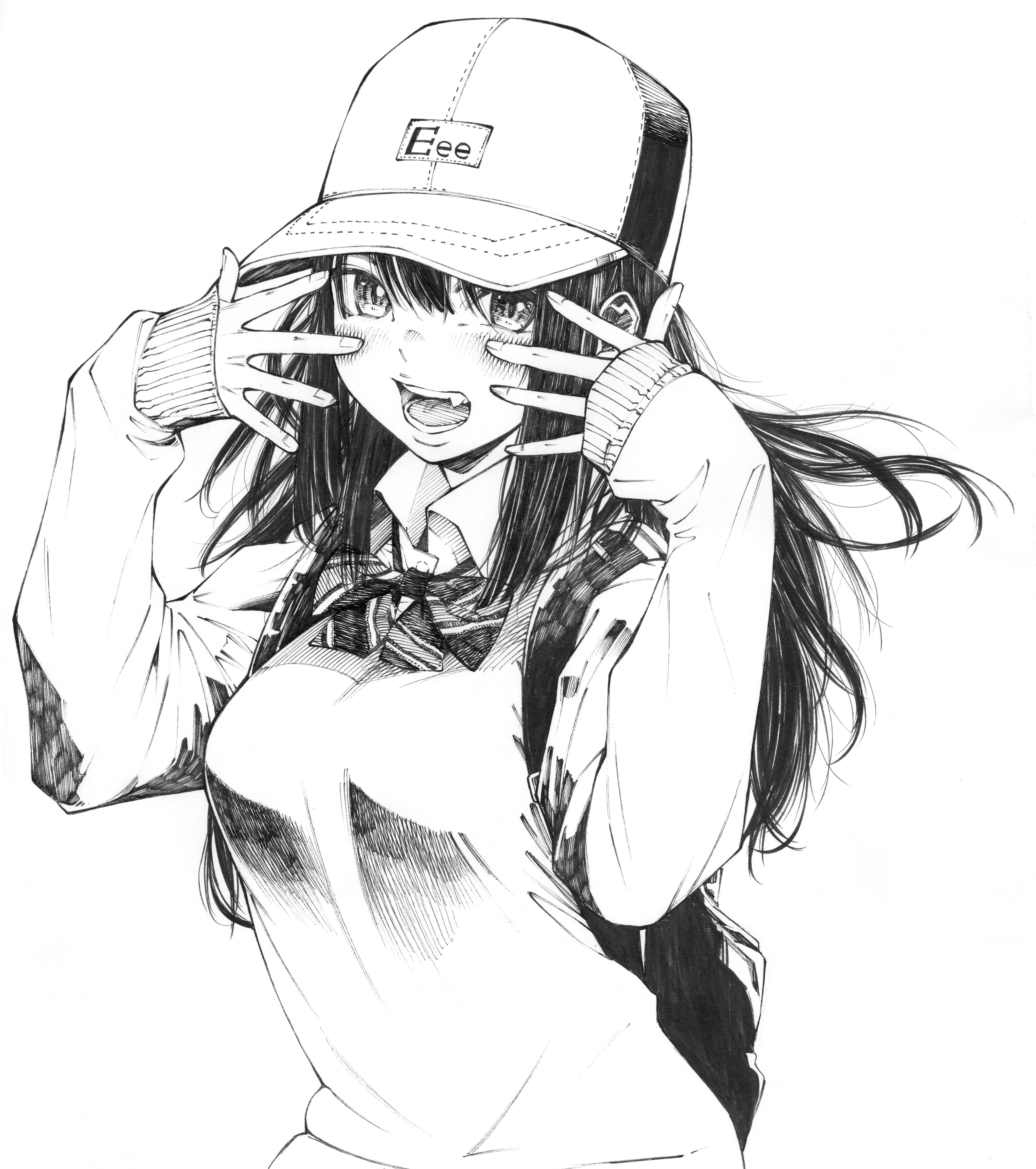 HD wallpaper, School Uniform, Open Mouth, Hat, Gagaimo, Drawing, Boobs, Long Hair, Monochrome, Simple Background, Women With Hats, Vampires, Anime Girls, Anime