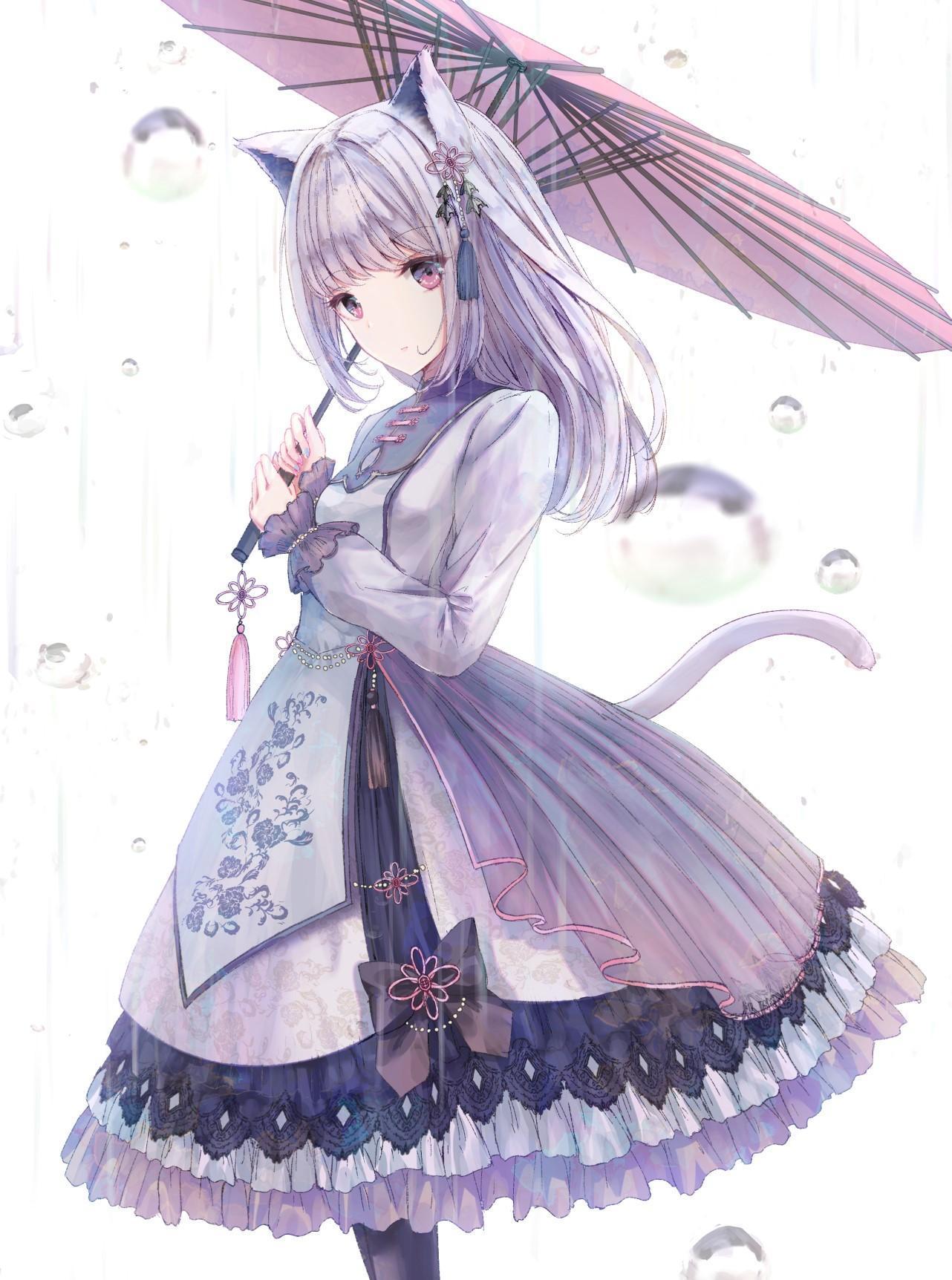 HD wallpaper, Simple Background, Tail, Anime, Silver Hair, Animal Ears, Vertical, Rain, Original Characters, Umbrella, Anime Girls, Missile228, Cat Girl, Dress