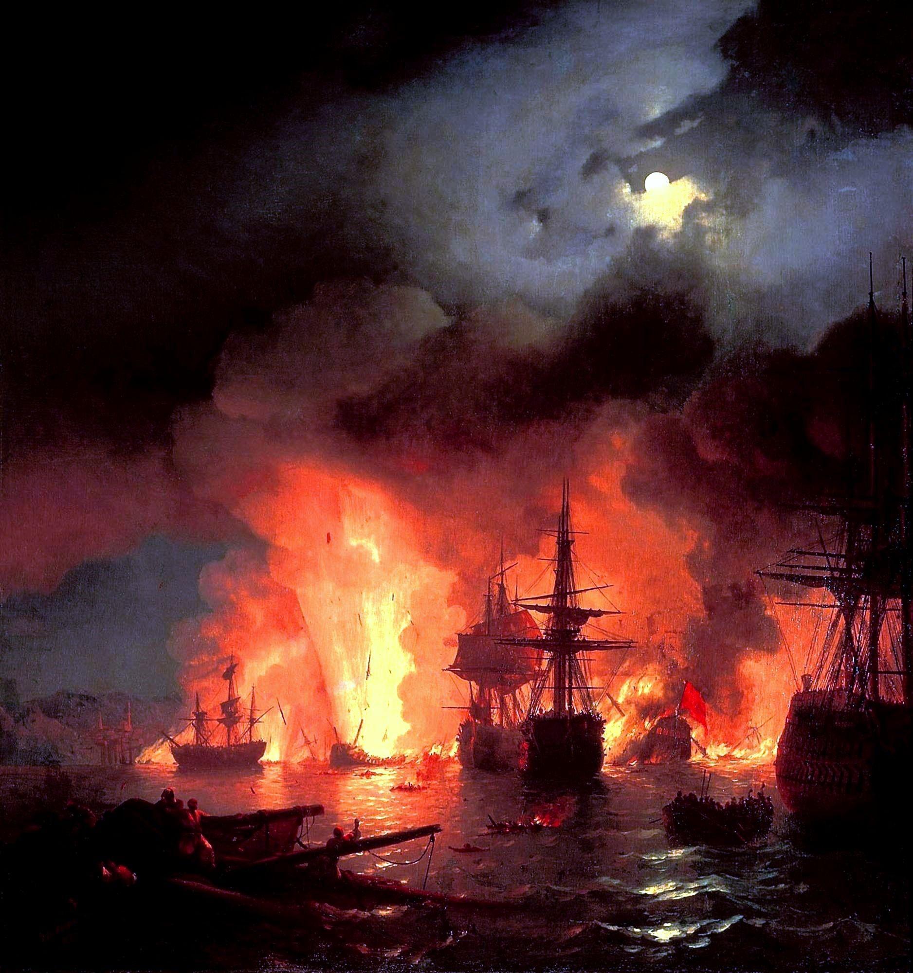HD wallpaper, Ship, Battle Of Chesme, Battle, Burning, Battle Painting, Oil Painting, Painting, Ivan Aivazovsky