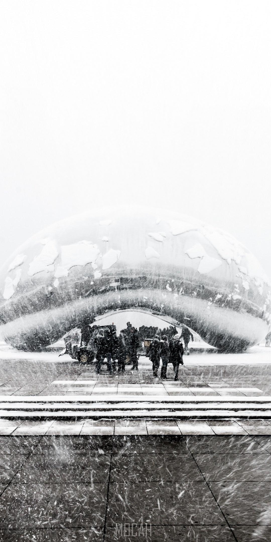 HD wallpaper, Infinix Note 6 Screensaver Hd, Black And White Shot Of Group Of People Standing Near Modern Sculpture In Heavy Snow Chicago, 1080X2160, The Bean Snowy In March