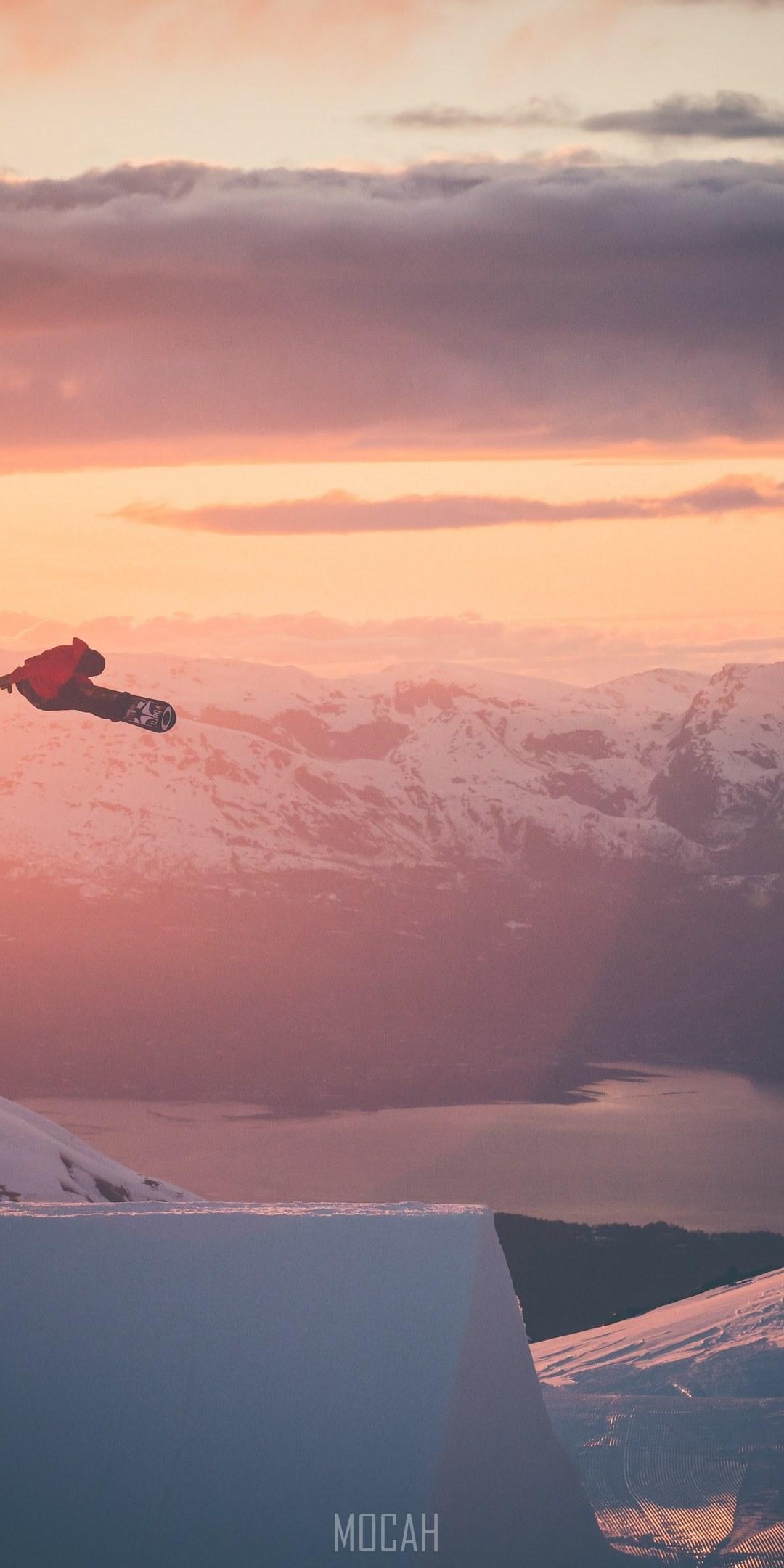 HD wallpaper, Snowboarder In Flight, A Snowboarder Is Airborne Surrounded By Golden Skies And Snowy Mountains, 1080X2160, Bq Aquaris X2 Pro Screensaver Hd