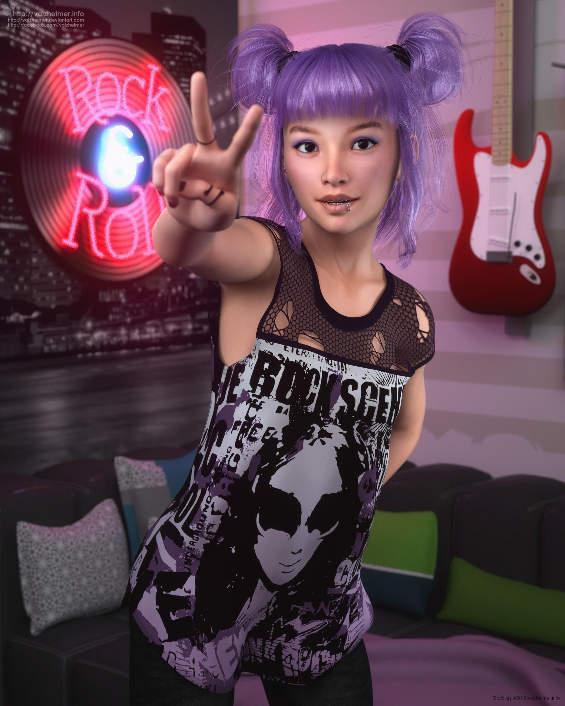 HD wallpaper, Cushions, Couch, Verica Hupe, Women Indoors, Standing, Portrait Display, Rock And Roll, Pigtails, Indoors, Peace Sign, Electric Guitar, Purple Hair, Artstation, 3D, Guitar, Looking At Viewer, Open Mouth, Digital Painting, Digital Art, Pierced Lip, Women, Cgi