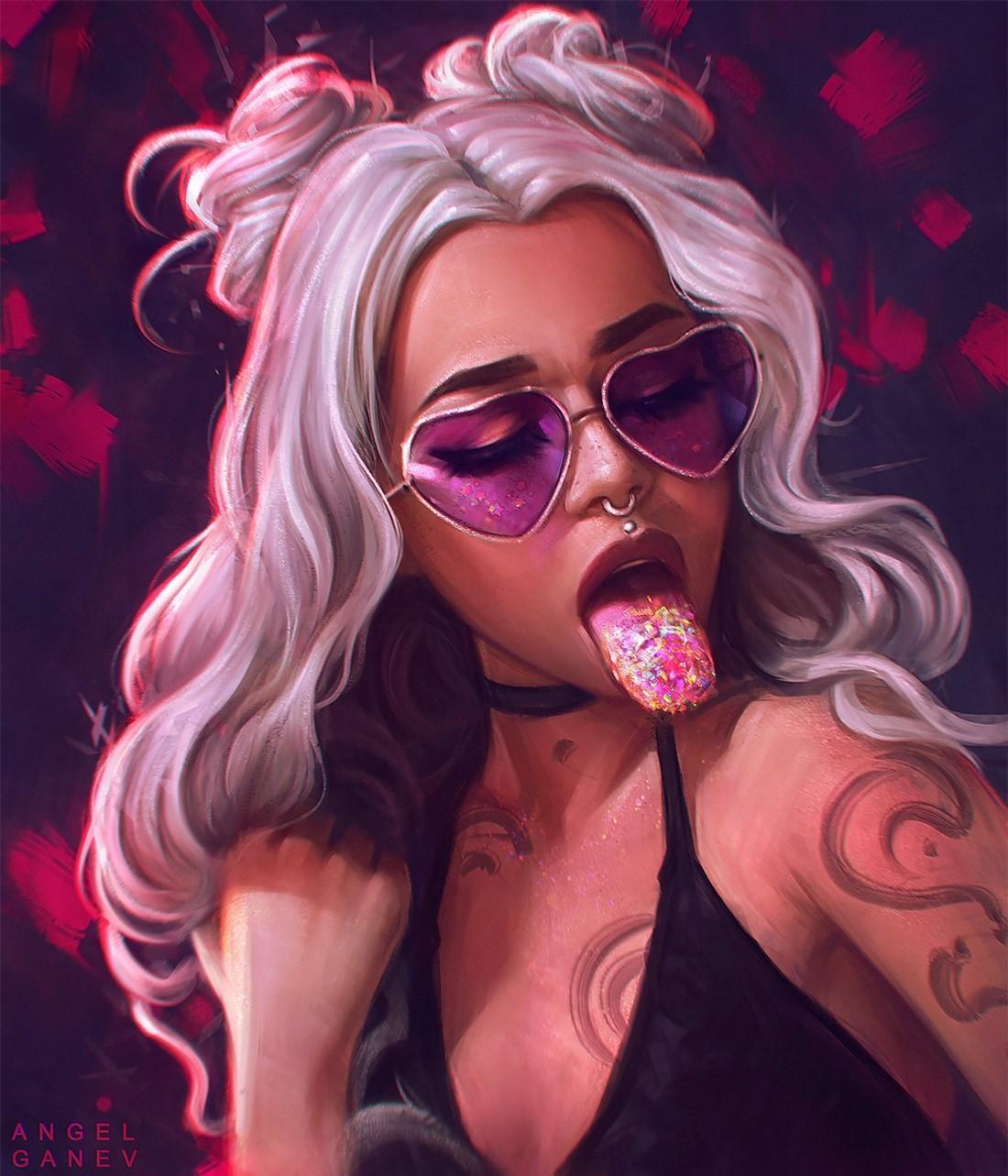 HD wallpaper, Digital Painting, Women, Necklace, Women With Shades, Cleavage, Angel Ganev, White Hair, Pierced Septum, Long Hair, Painting, Portrait, Drawing, Face, Tongue Out, Illustration, Artwork, Bare Shoulders, Black Tops, Tongues, Open Mouth, Digital Art