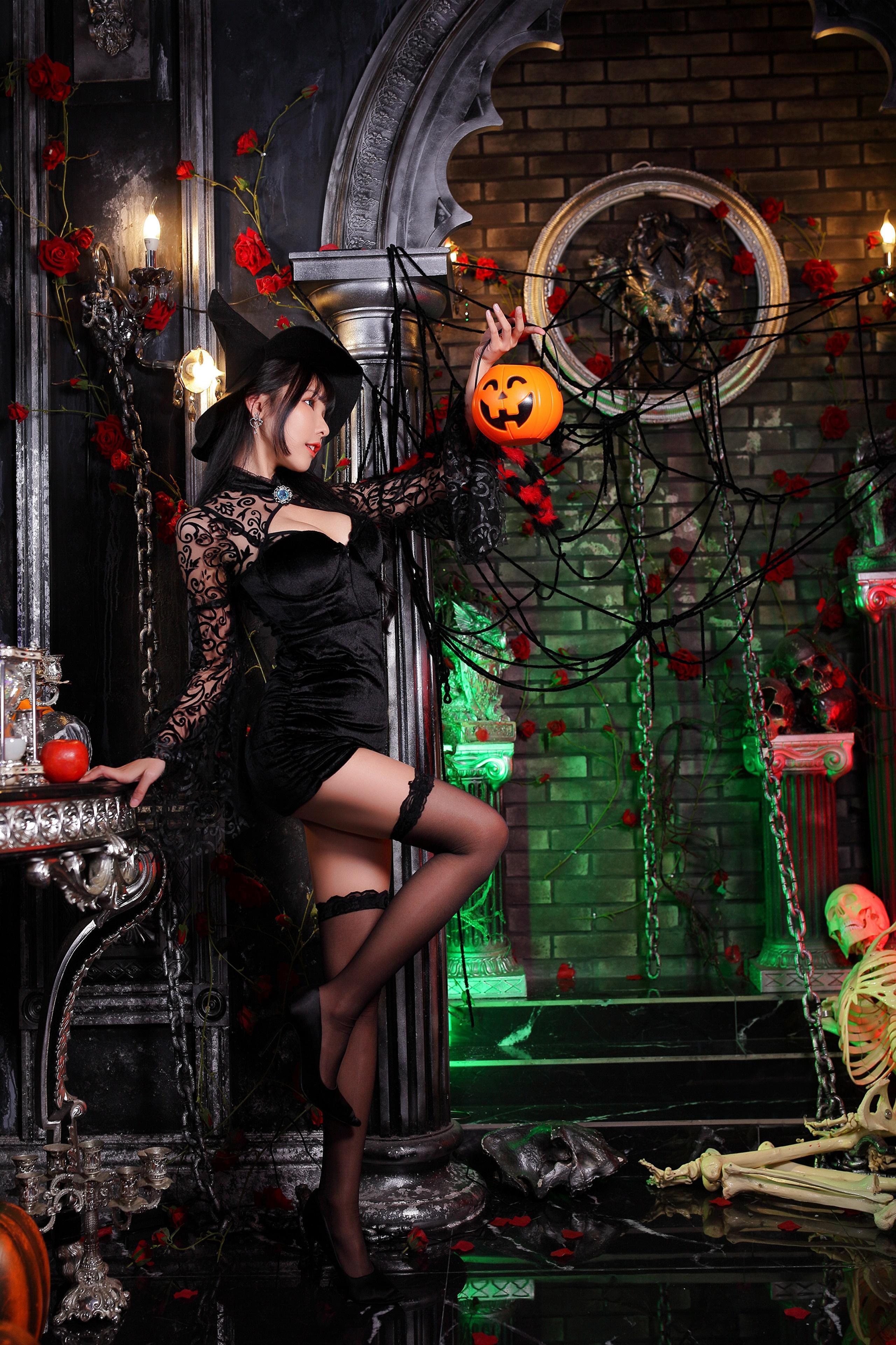 HD wallpaper, Bones, Lantern, Legs, Pumpkin, Dress, Asian, Hat, Witch, Halloween, Stockings, Stilettos
